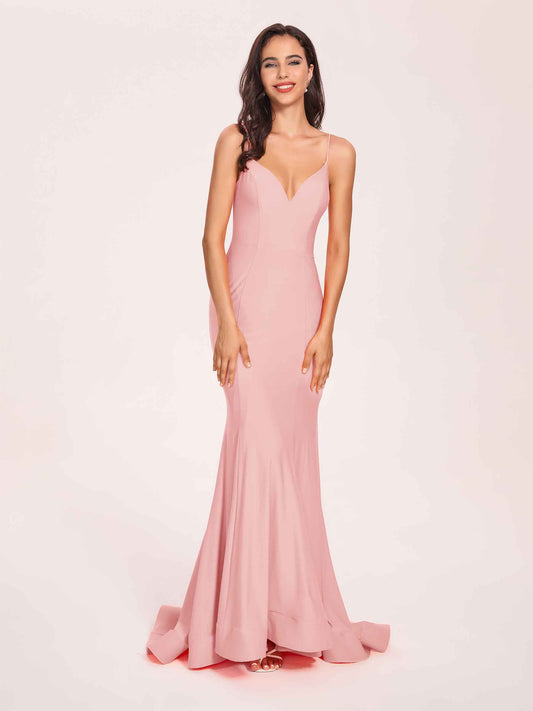Sexy Jersey Mermaid Bridesmaid Dresses Spaghetti Straps V-neck Floor Length Lace-up Back