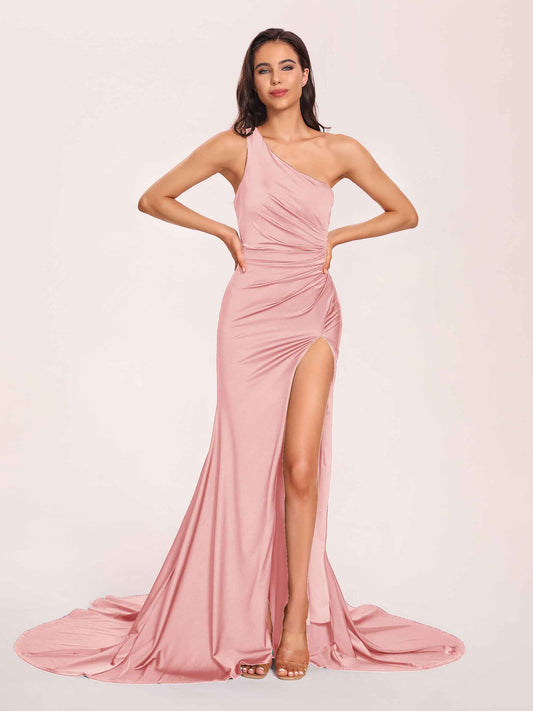 Jersey One-shoulder Bridesmaid Dresses Open Back Pleats Side-Slit With Train Long