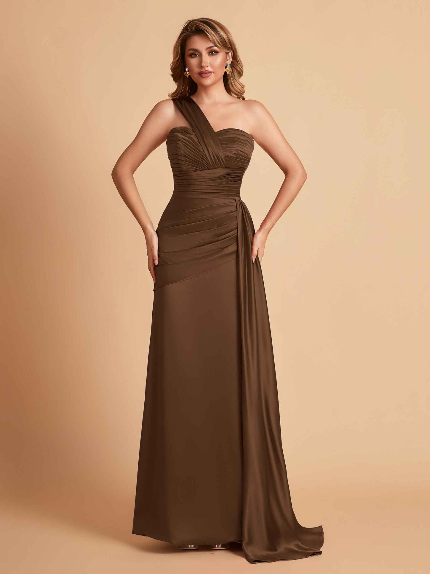 Sexy Satin Sheath One Shoulder With Train Elegant Long Bridesmaid Dresses
