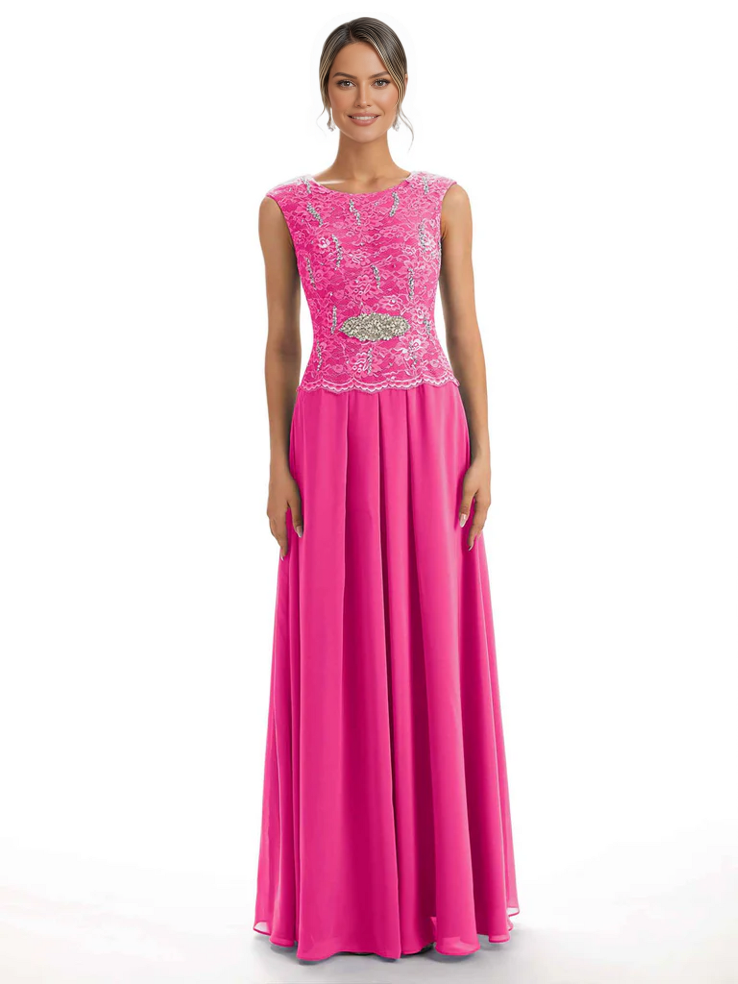 Mother of the Bride Dress Floor-Length Chiffon Gown with Embroidered Lace Bodice