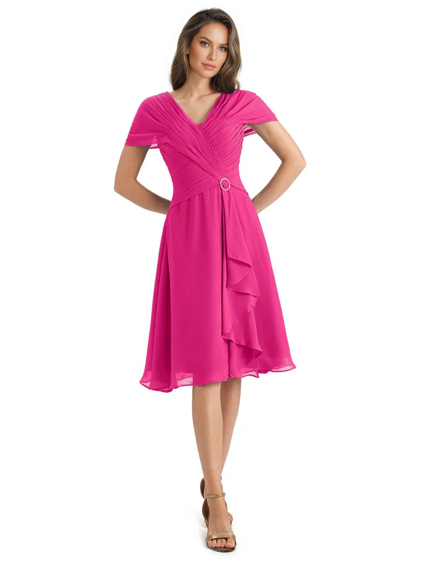 Mother of the Bride Dress Knee-Length V-Neck Chiffon Gown with Ruched Bodice