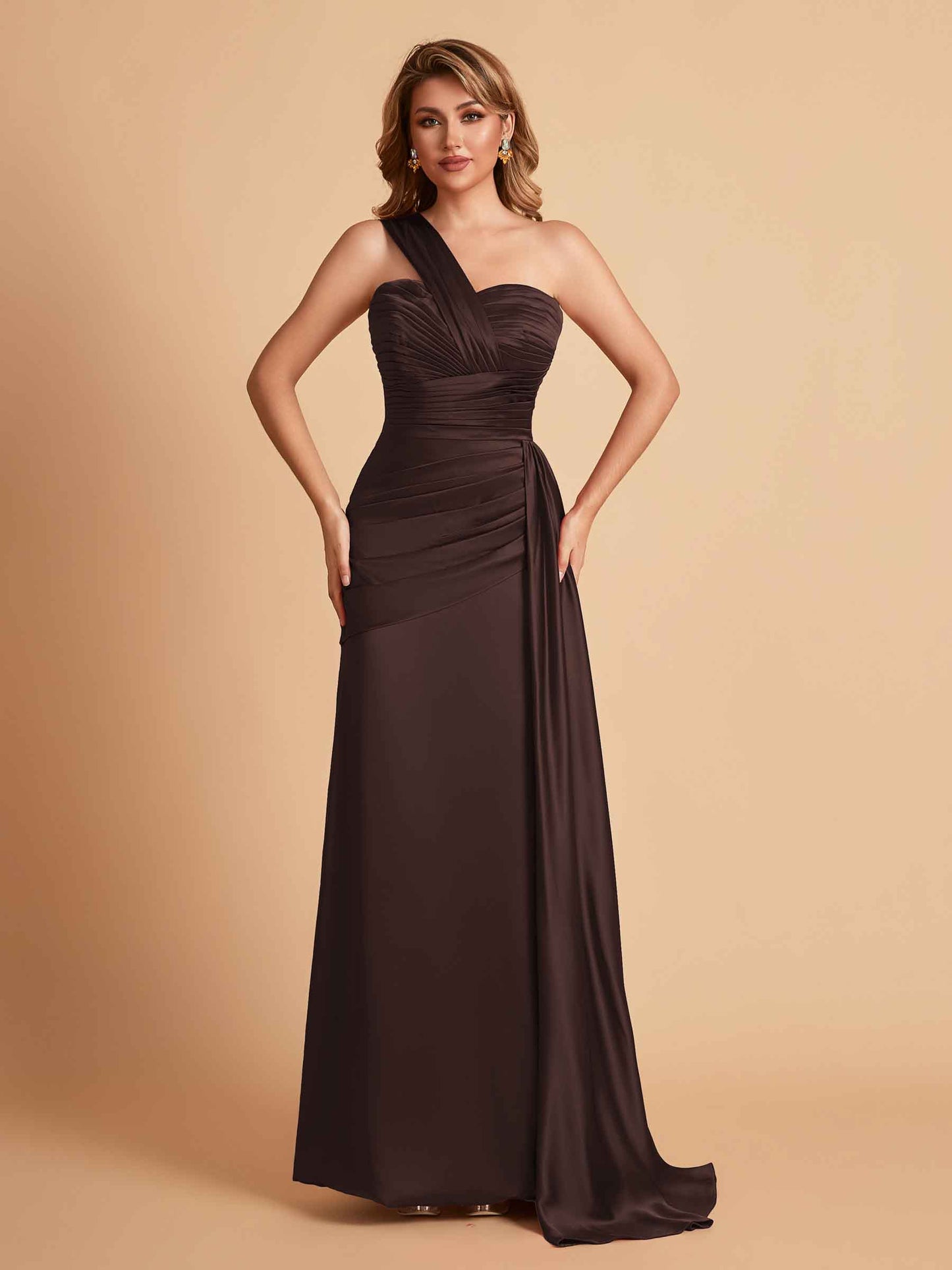 Sexy Satin Sheath One Shoulder With Train Elegant Long Bridesmaid Dresses