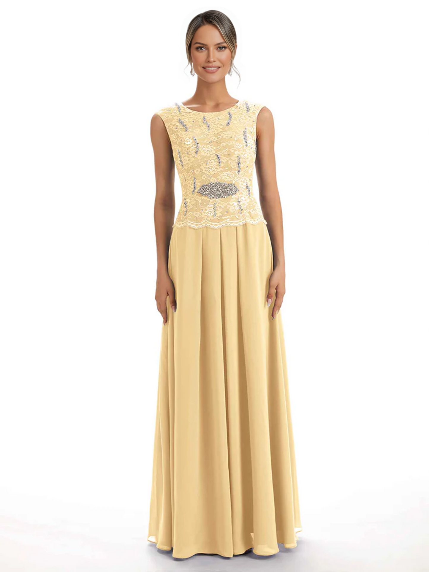 Mother of the Bride Dress Floor-Length Chiffon Gown with Embroidered Lace Bodice