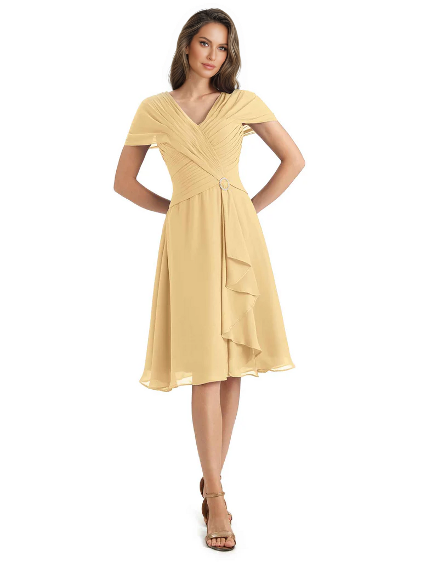 Mother of the Bride Dress Knee-Length V-Neck Chiffon Gown with Ruched Bodice