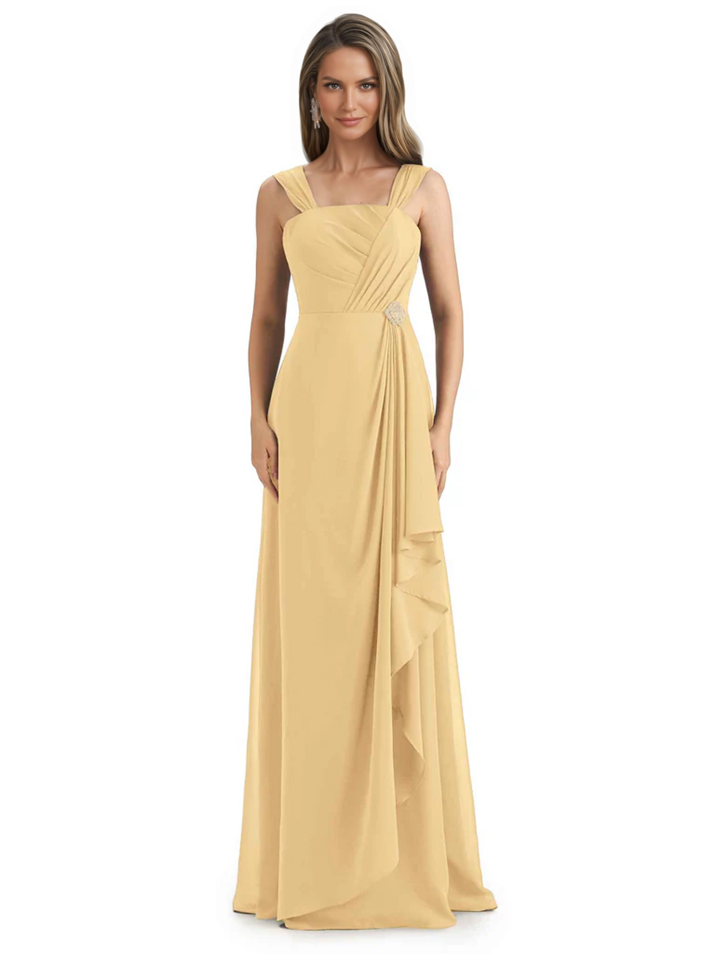 Square Neck Mother of the Bride Dress Floor-Length Chiffon Gown with Ruched Bodice