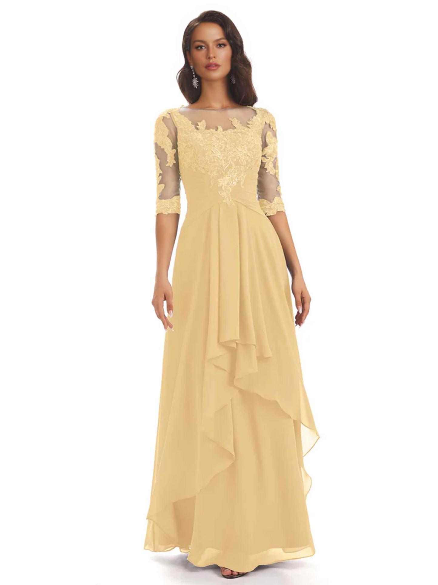 Elegant Lace A-line Chiffon Half Sleeves Mother of the Brides Dresses Floor Length