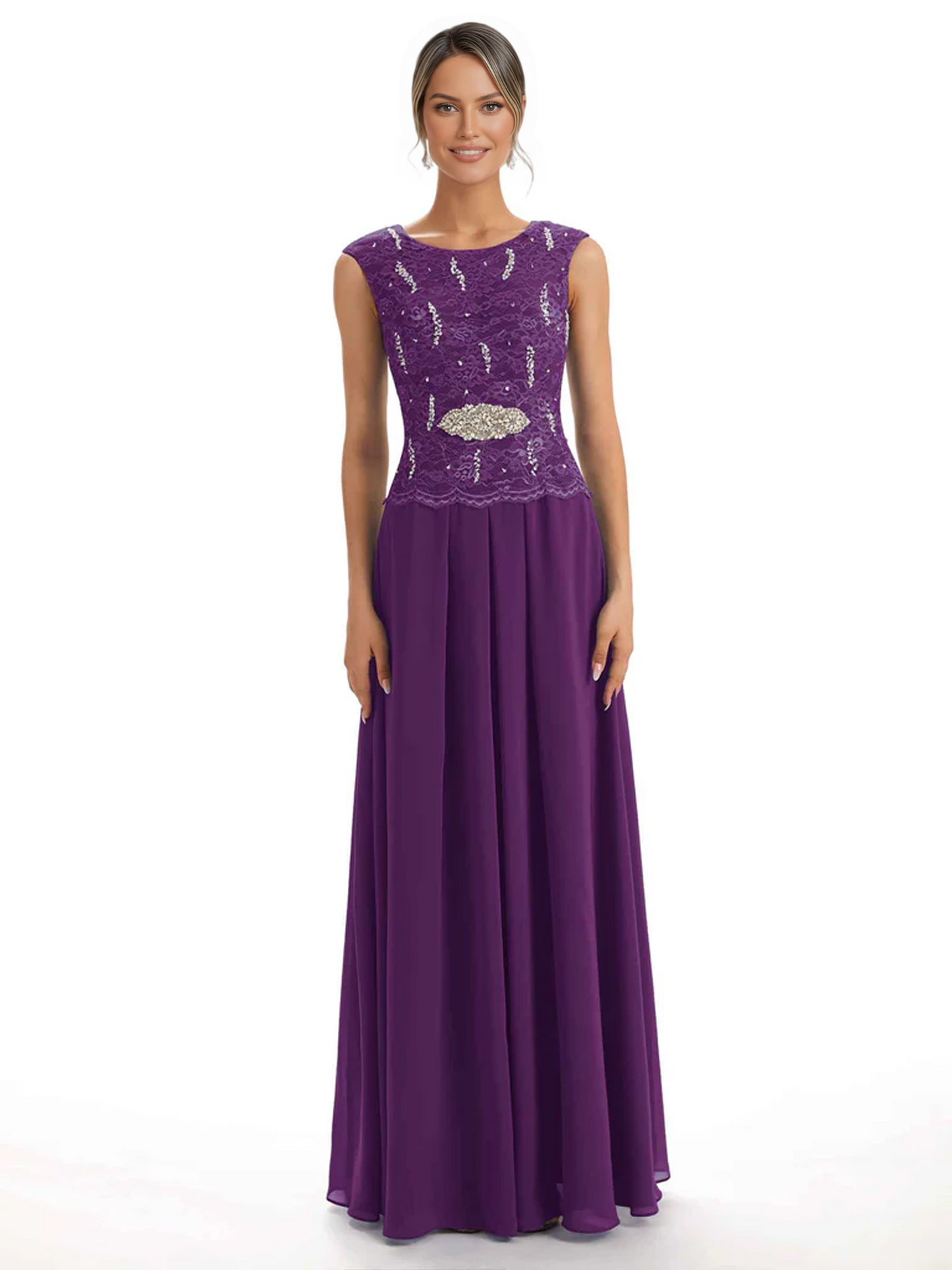 Mother of the Bride Dress Floor-Length Chiffon Gown with Embroidered Lace Bodice