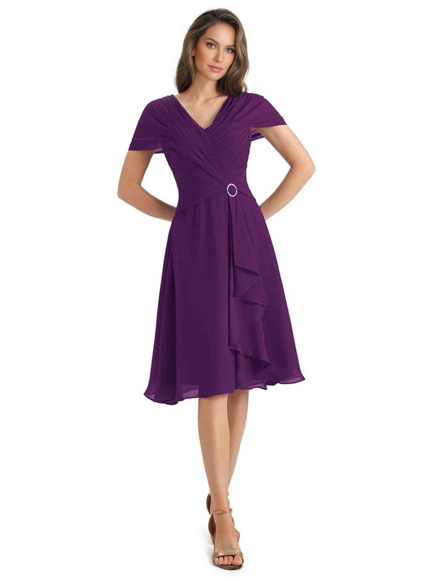 Mother of the Bride Dress Knee-Length V-Neck Chiffon Gown with Ruched Bodice
