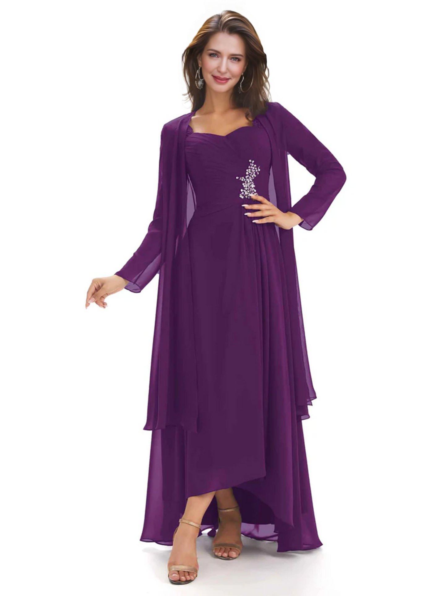 Elegant Asymmetric Neck Long A-Line Chiffon Mother of the Brides Dresses Mom Outfit