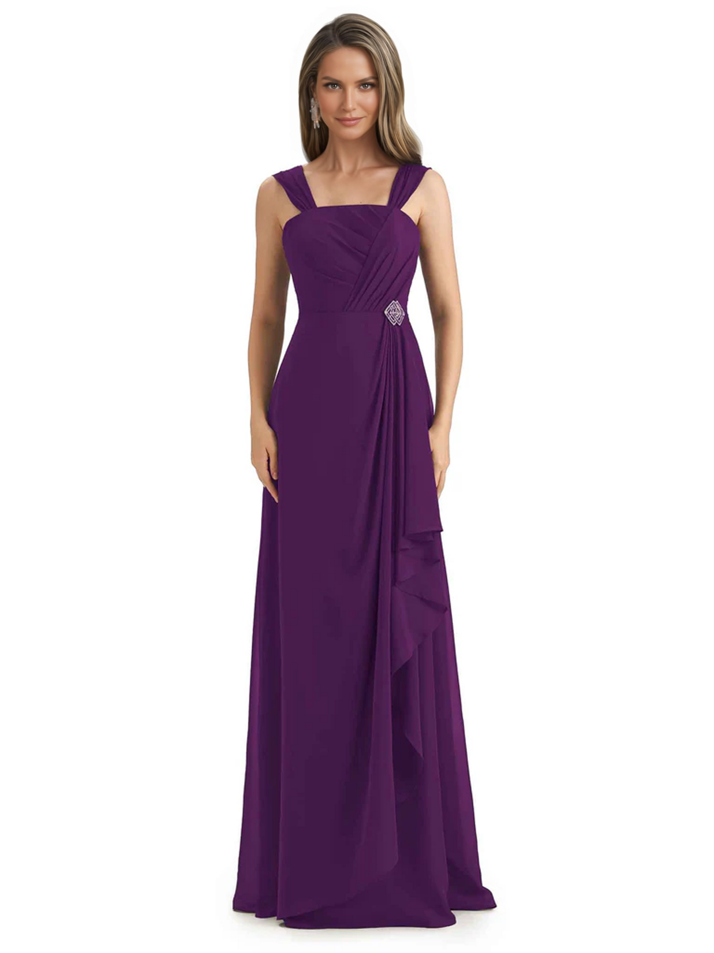 Square Neck Mother of the Bride Dress Floor-Length Chiffon Gown with Ruched Bodice