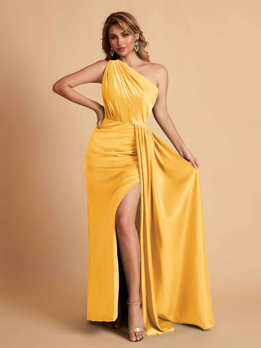 Elegant Soft Satin One Shoulder With Pleats Sheath Long Bridesmaid Dresses