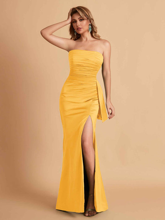 Sexy Strapless Satin Mermaid With Pleats Long Bridesmaid Dresses