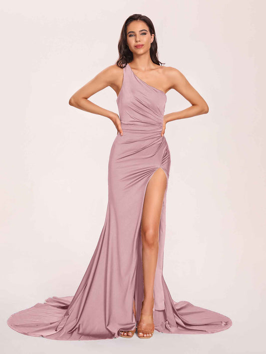 Jersey One-shoulder Bridesmaid Dresses Open Back Pleats Side-Slit With Train Long