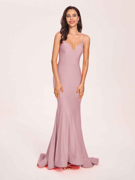 Sexy Jersey Mermaid Bridesmaid Dresses Spaghetti Straps V-neck Floor Length Lace-up Back