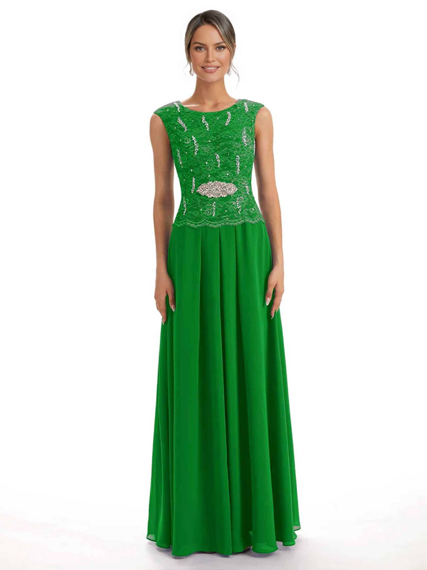 Mother of the Bride Dress Floor-Length Chiffon Gown with Embroidered Lace Bodice