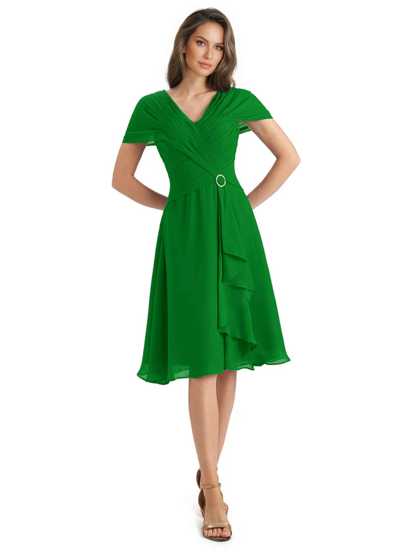 Mother of the Bride Dress Knee-Length V-Neck Chiffon Gown with Ruched Bodice