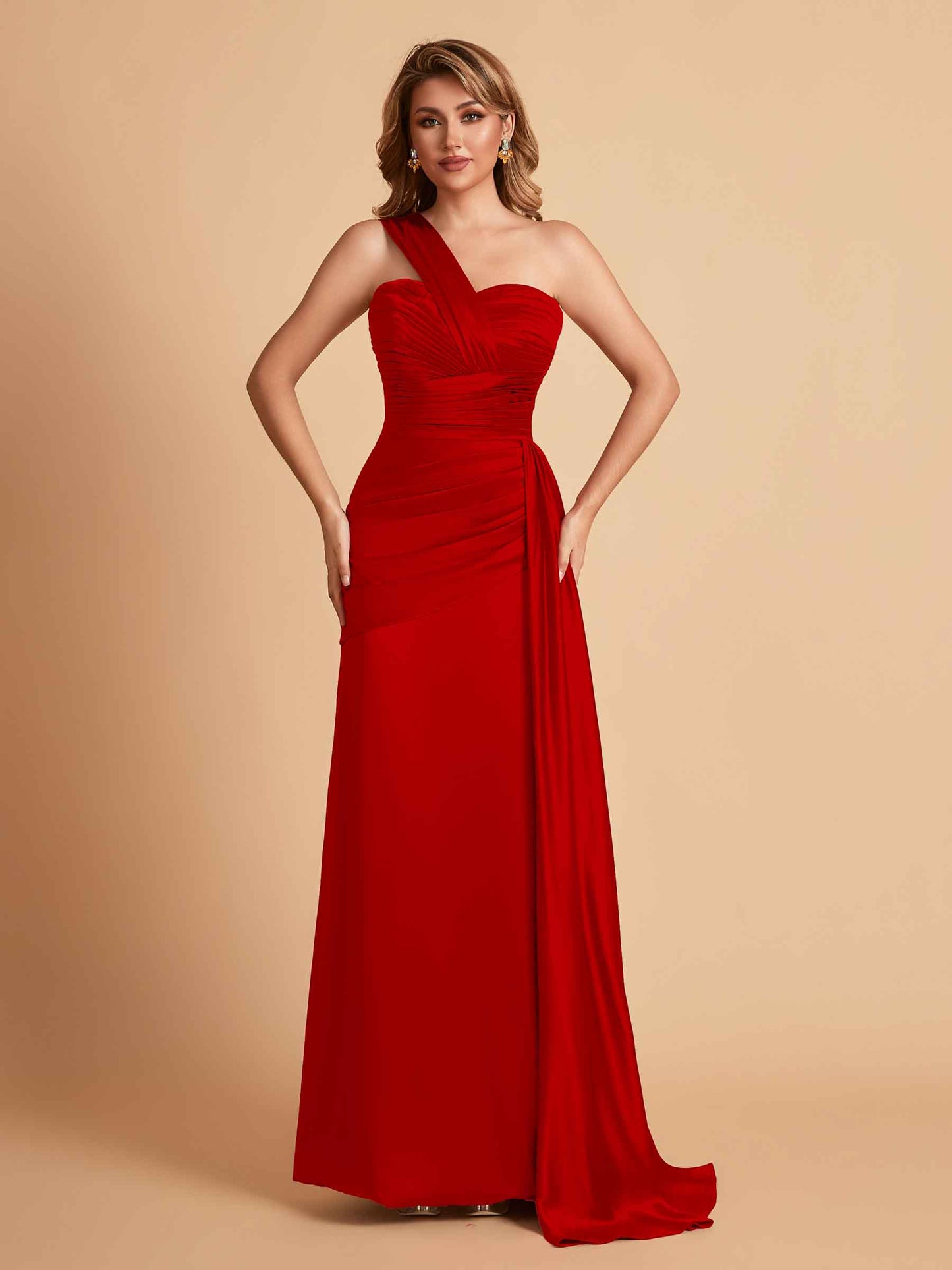 Sexy Satin Sheath One Shoulder With Train Elegant Long Bridesmaid Dresses