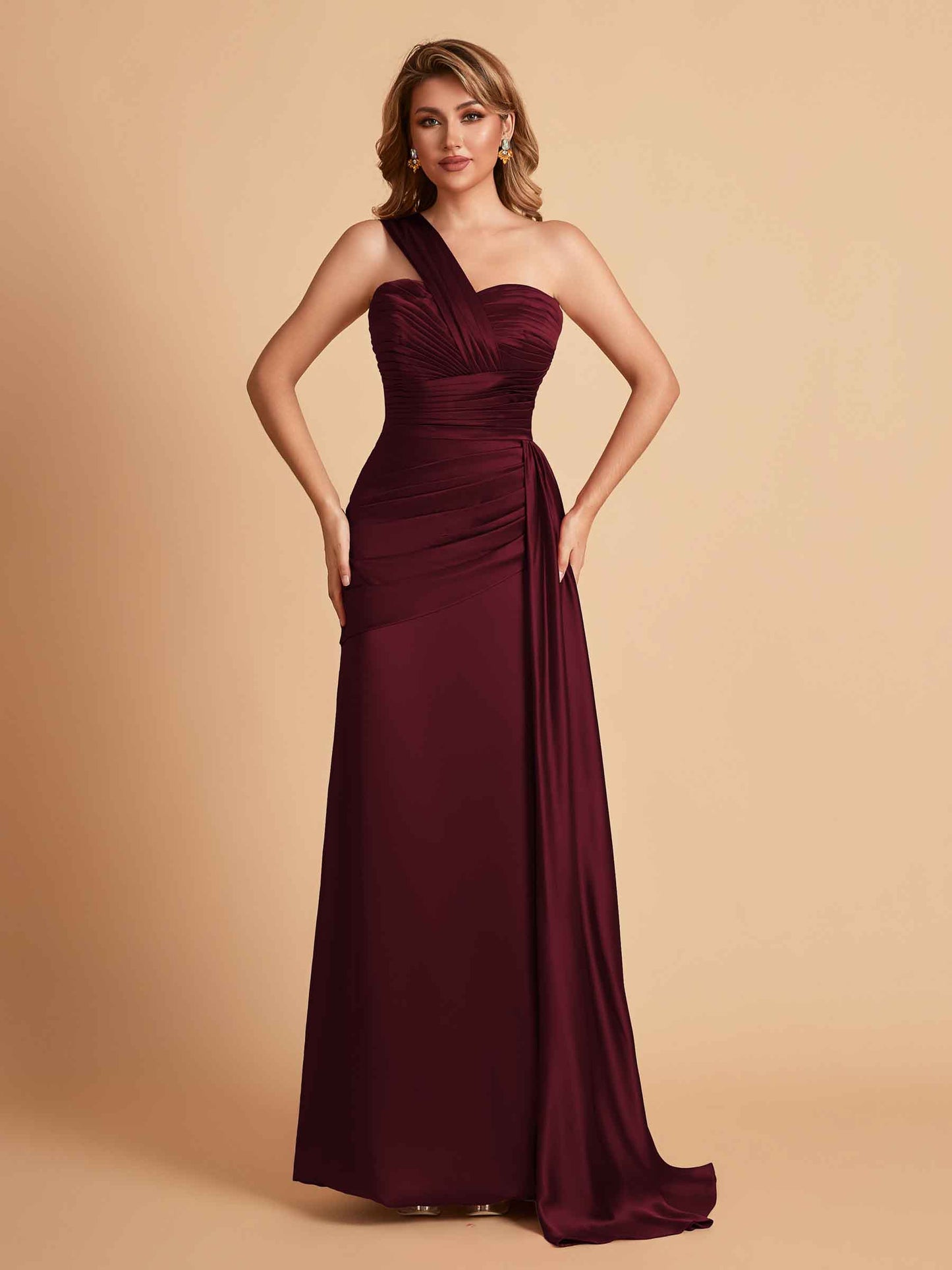 Sexy Satin Sheath One Shoulder With Train Elegant Long Bridesmaid Dresses