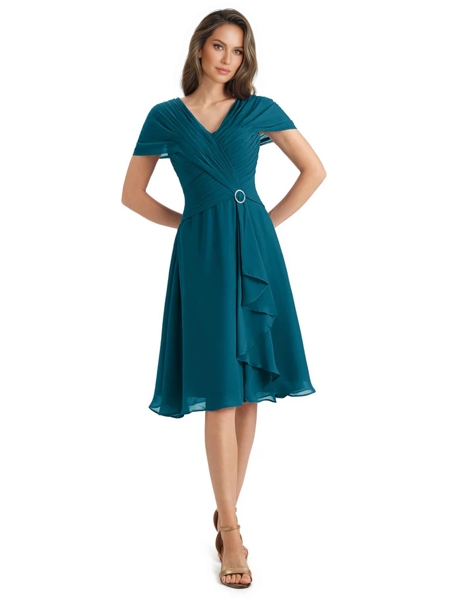 Mother of the Bride Dress Knee-Length V-Neck Chiffon Gown with Ruched Bodice