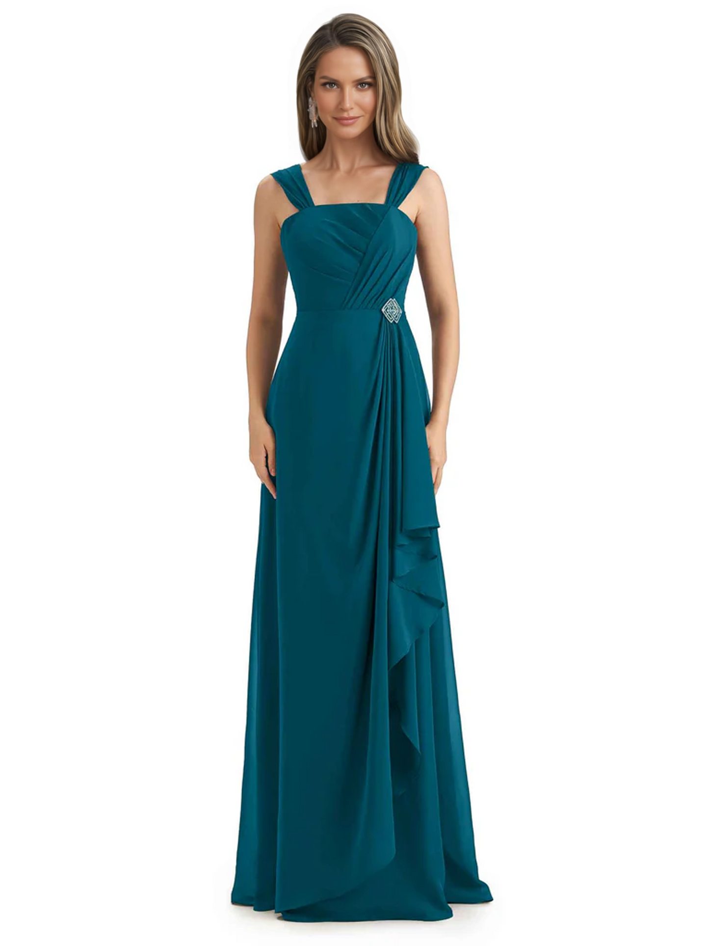Square Neck Mother of the Bride Dress Floor-Length Chiffon Gown with Ruched Bodice