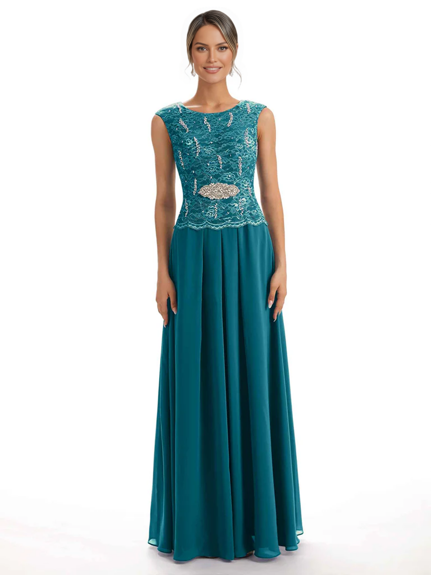 Mother of the Bride Dress Floor-Length Chiffon Gown with Embroidered Lace Bodice