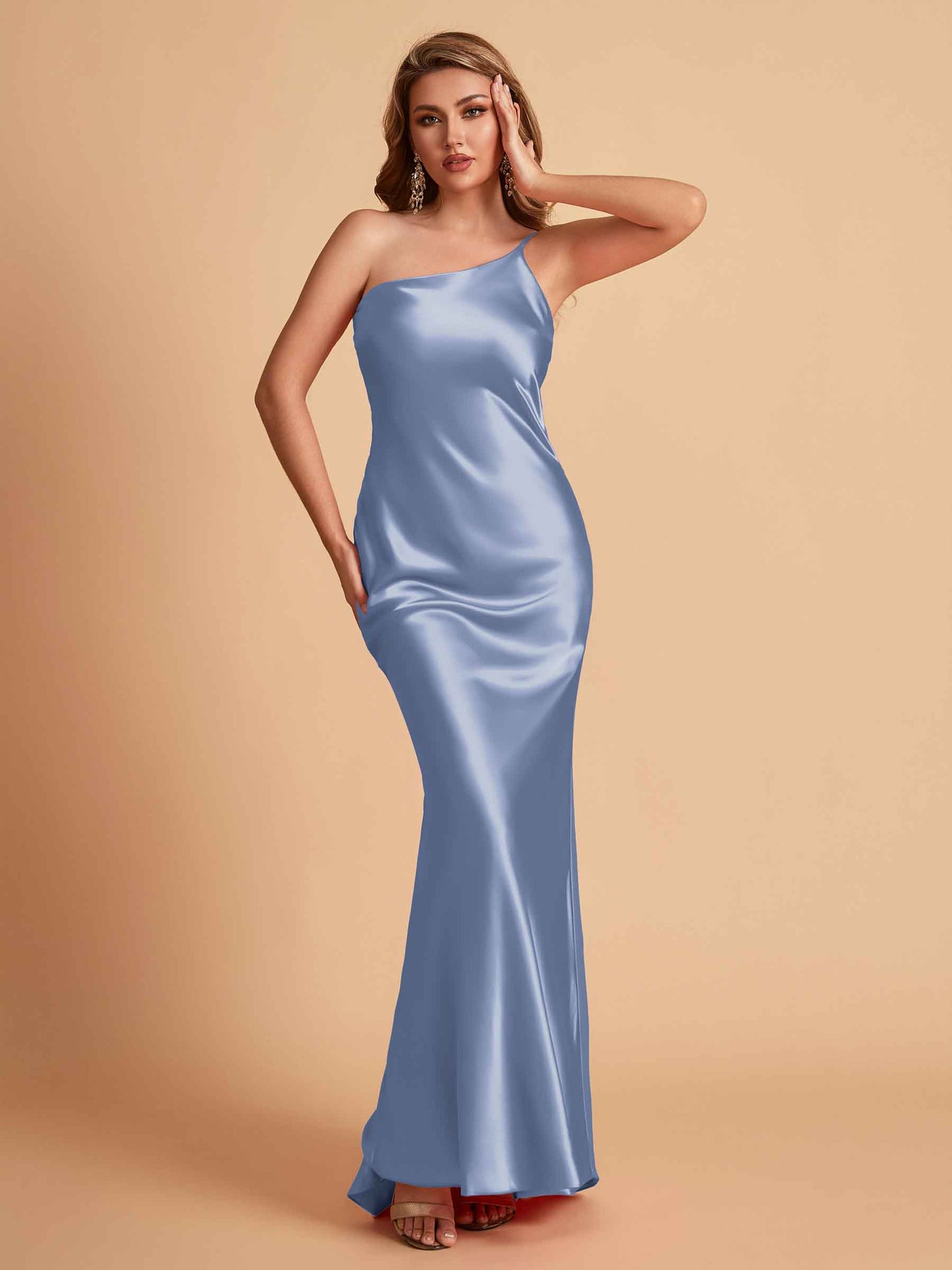 Sexy Silky Satin Sheath One Shoulder Comfy Long Bridesmaid Dresses