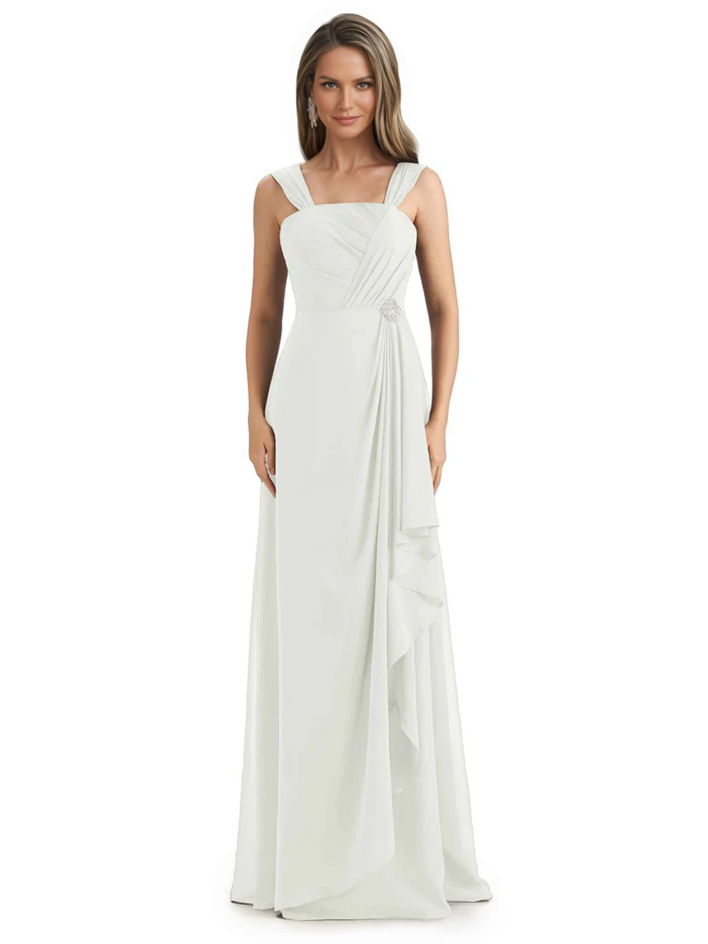 Square Neck Mother of the Bride Dress Floor-Length Chiffon Gown with Ruched Bodice