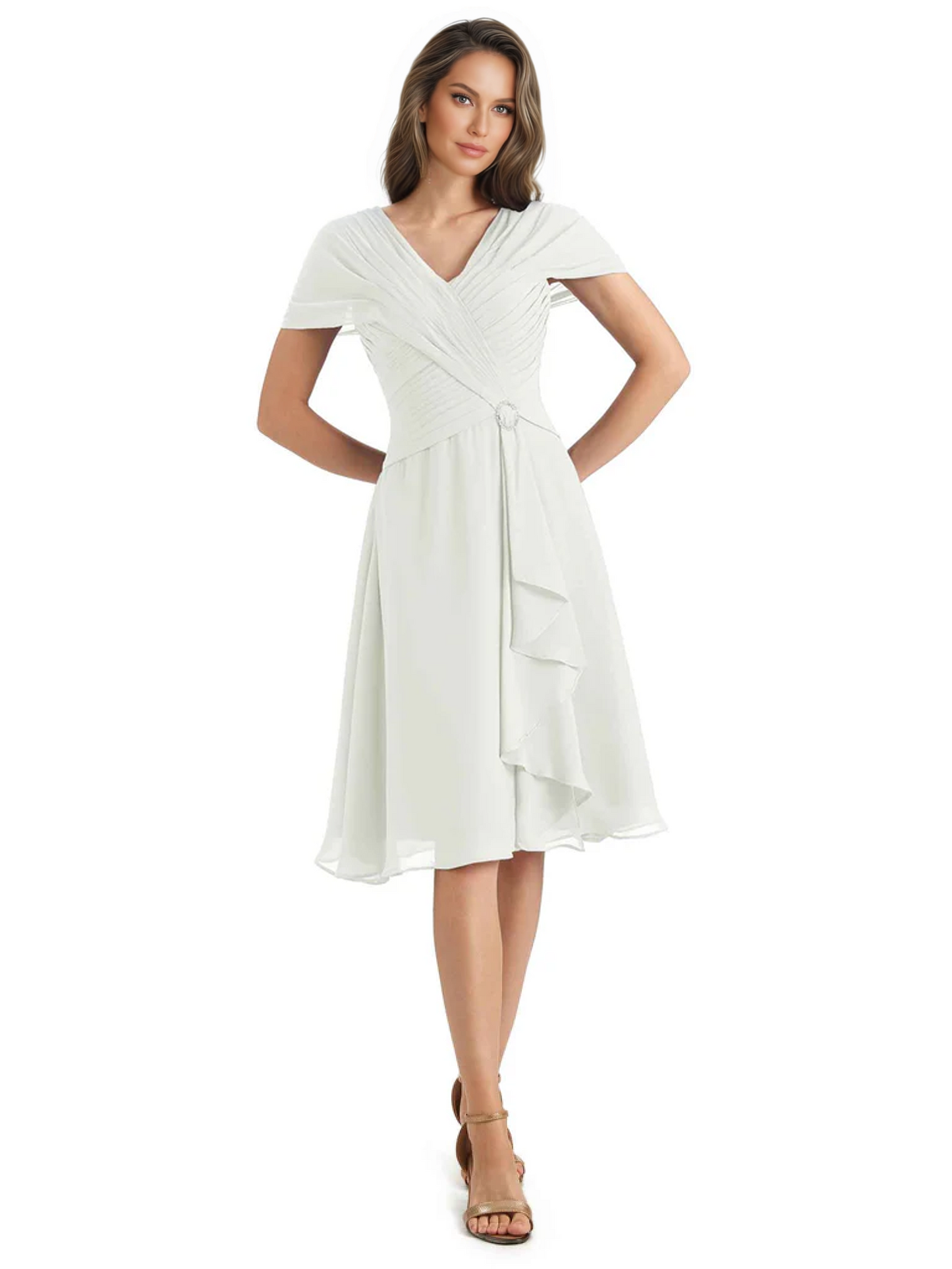 Mother of the Bride Dress Knee-Length V-Neck Chiffon Gown with Ruched Bodice