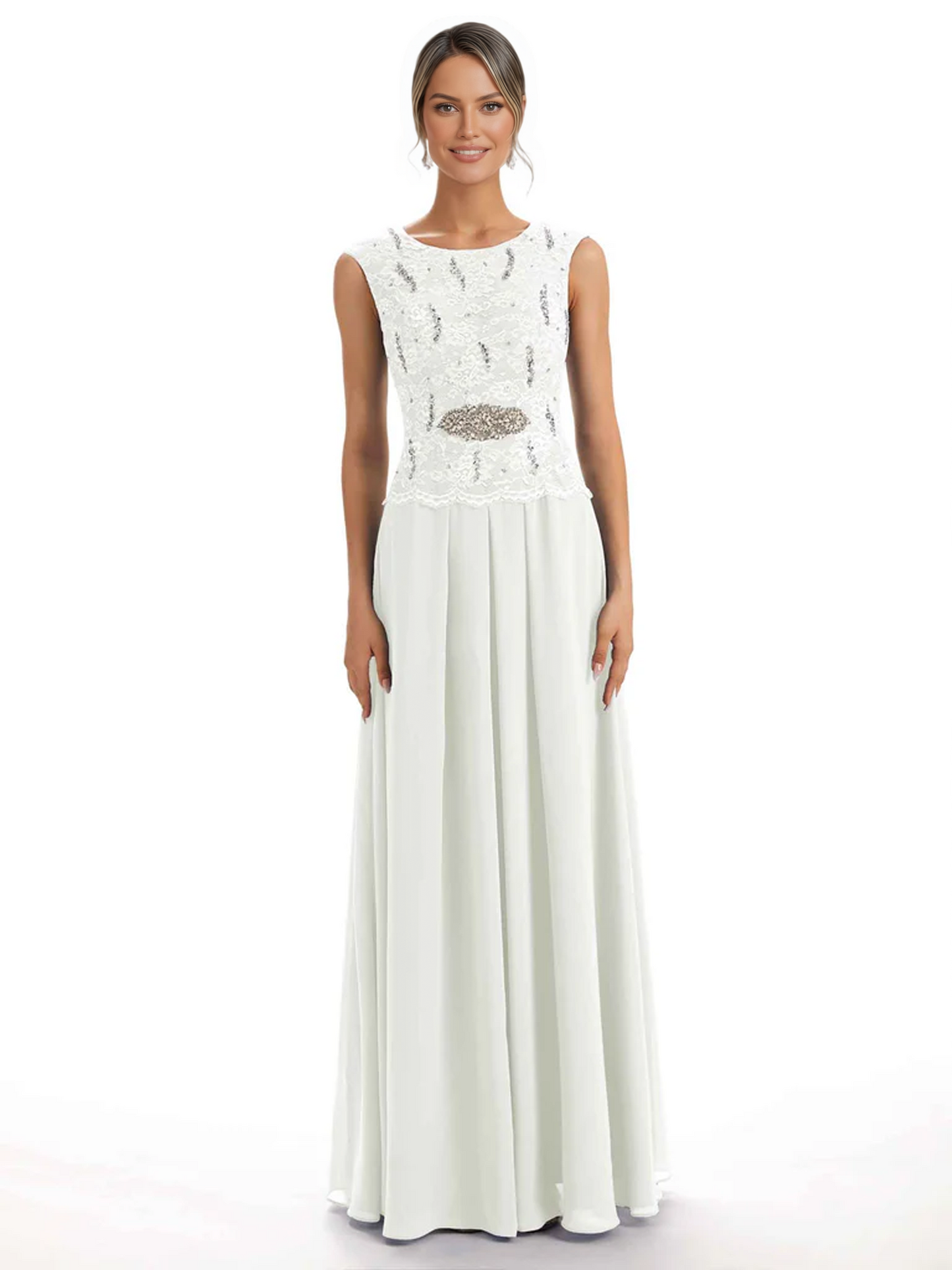 Mother of the Bride Dress Floor-Length Chiffon Gown with Embroidered Lace Bodice