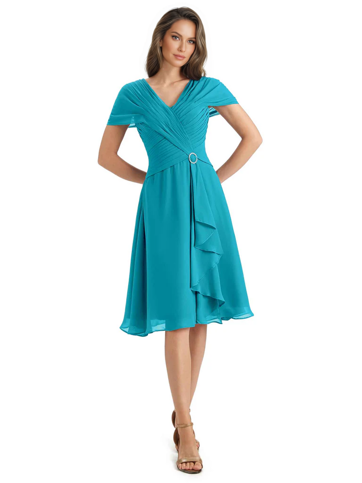 Mother of the Bride Dress Knee-Length V-Neck Chiffon Gown with Ruched Bodice