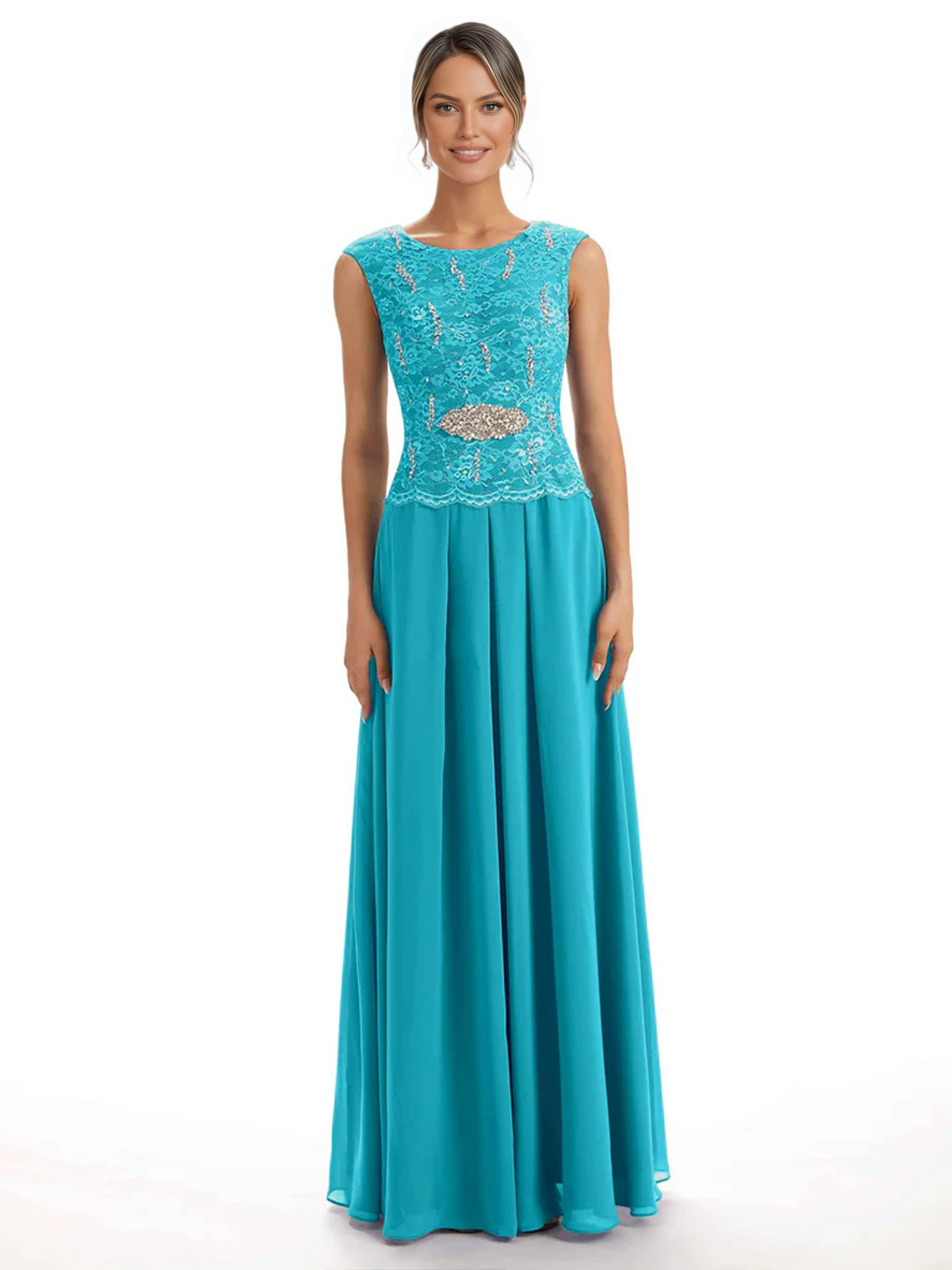 Mother of the Bride Dress Floor-Length Chiffon Gown with Embroidered Lace Bodice