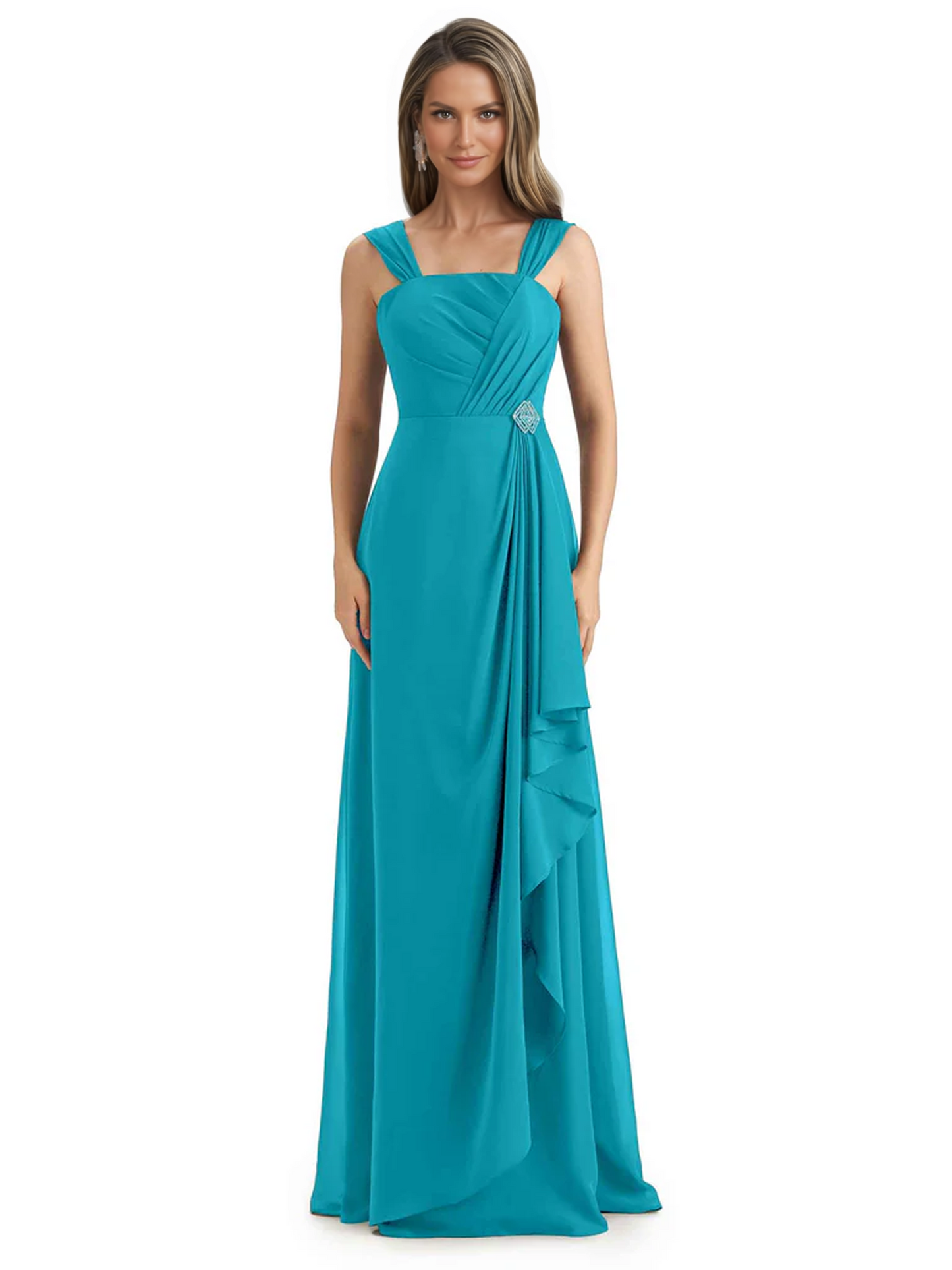 Square Neck Mother of the Bride Dress Floor-Length Chiffon Gown with Ruched Bodice