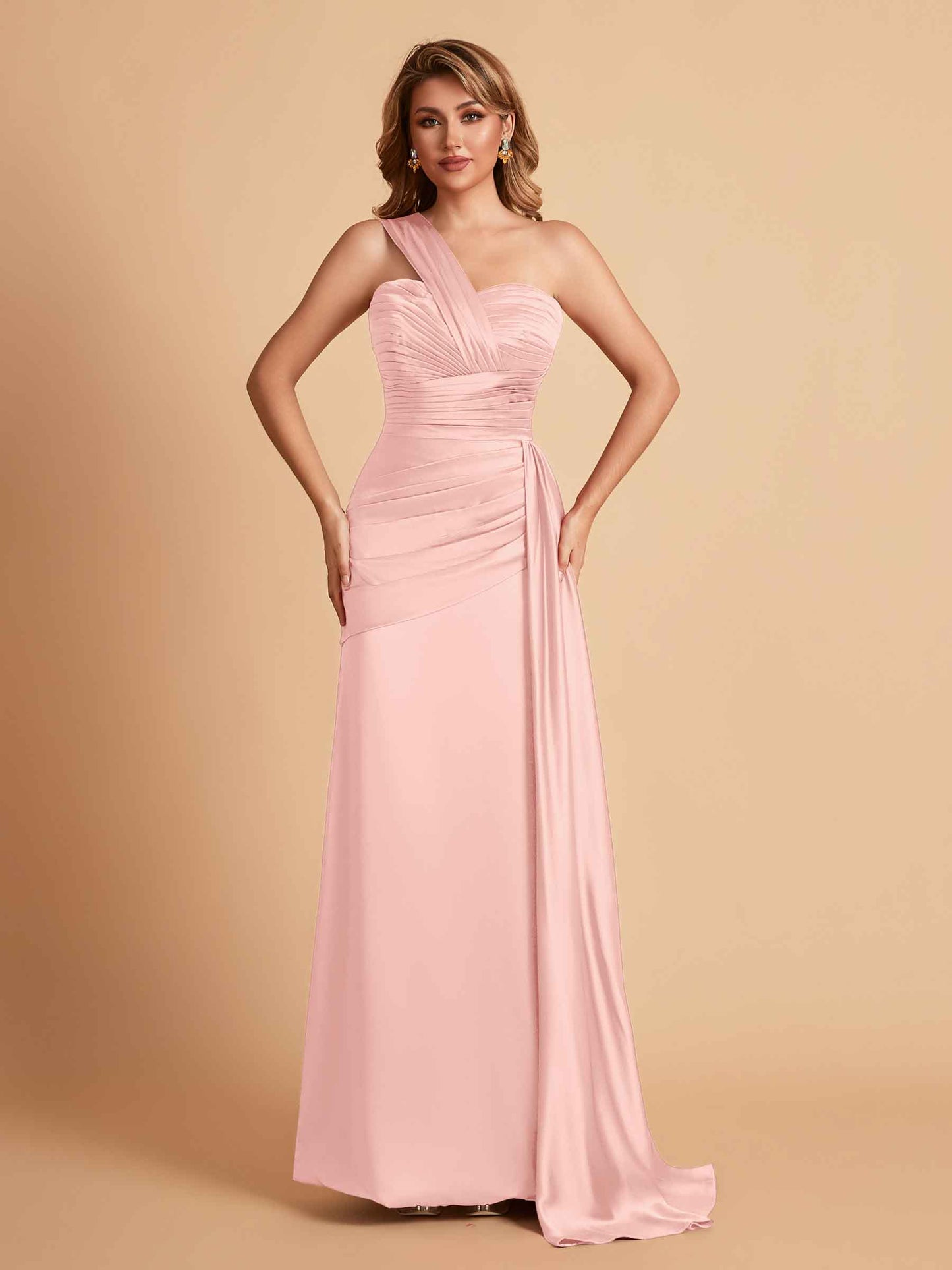 Sexy Satin Sheath One Shoulder With Train Elegant Long Bridesmaid Dresses