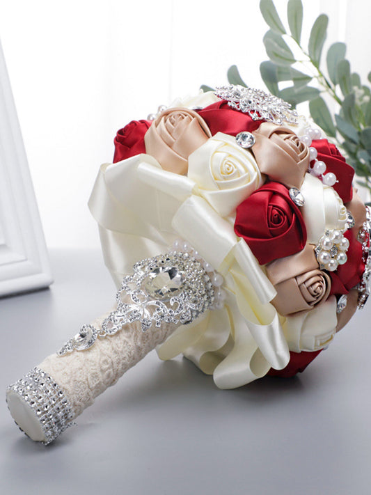 Wedding Flower For The Groom And Bride, Simulated Full Diamonds Rose Wedding Bouquet