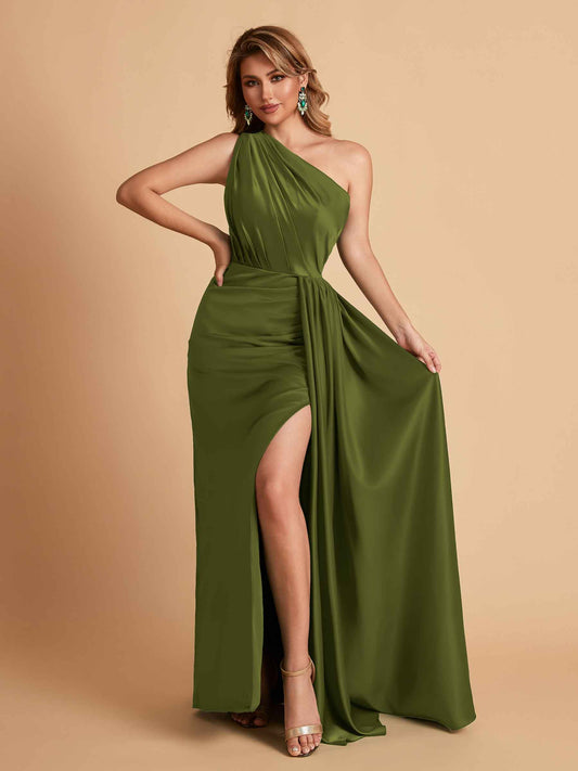 Elegant Soft Satin One Shoulder With Pleats Sheath Long Bridesmaid Dresses