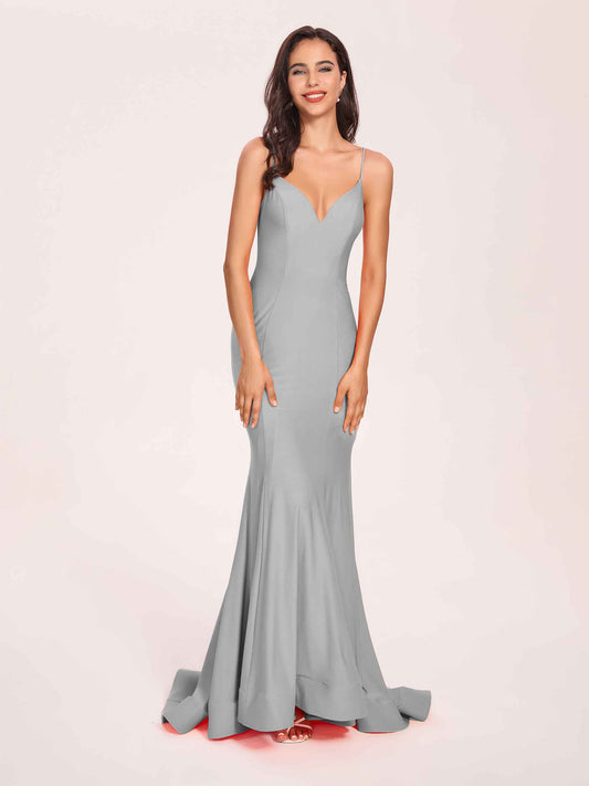 Sexy Jersey Mermaid Bridesmaid Dresses Spaghetti Straps V-neck Floor Length Lace-up Back