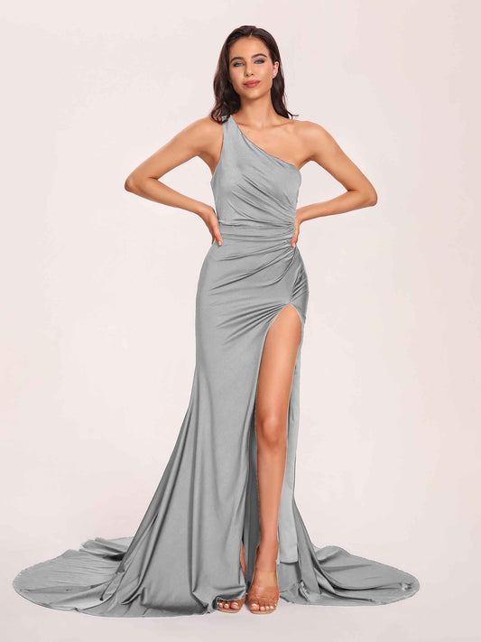 Jersey One-shoulder Bridesmaid Dresses Open Back Pleats Side-Slit With Train Long