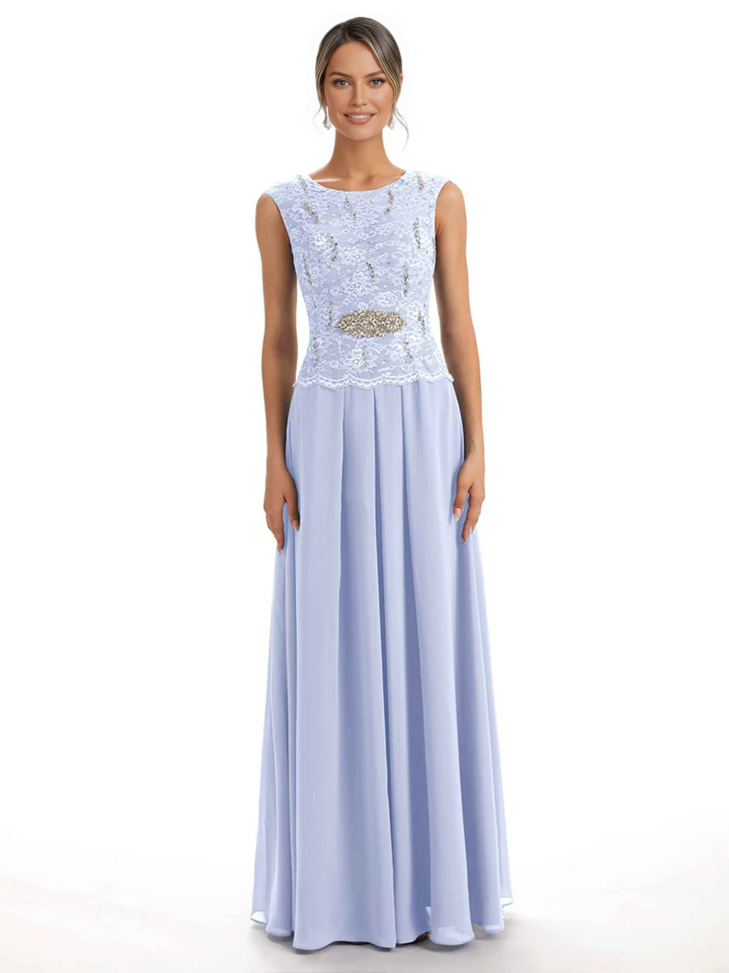 Mother of the Bride Dress Floor-Length Chiffon Gown with Embroidered Lace Bodice