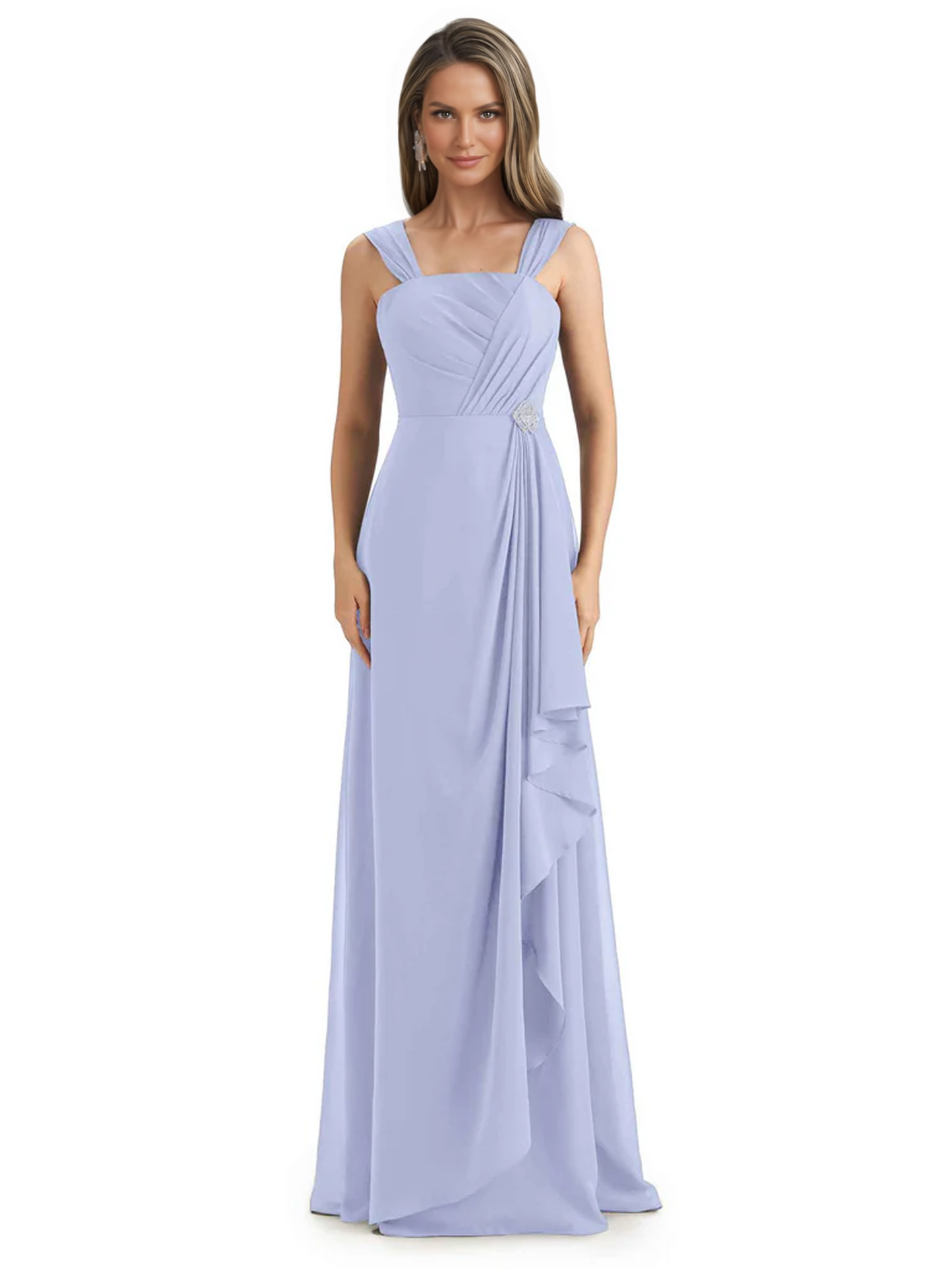 Square Neck Mother of the Bride Dress Floor-Length Chiffon Gown with Ruched Bodice