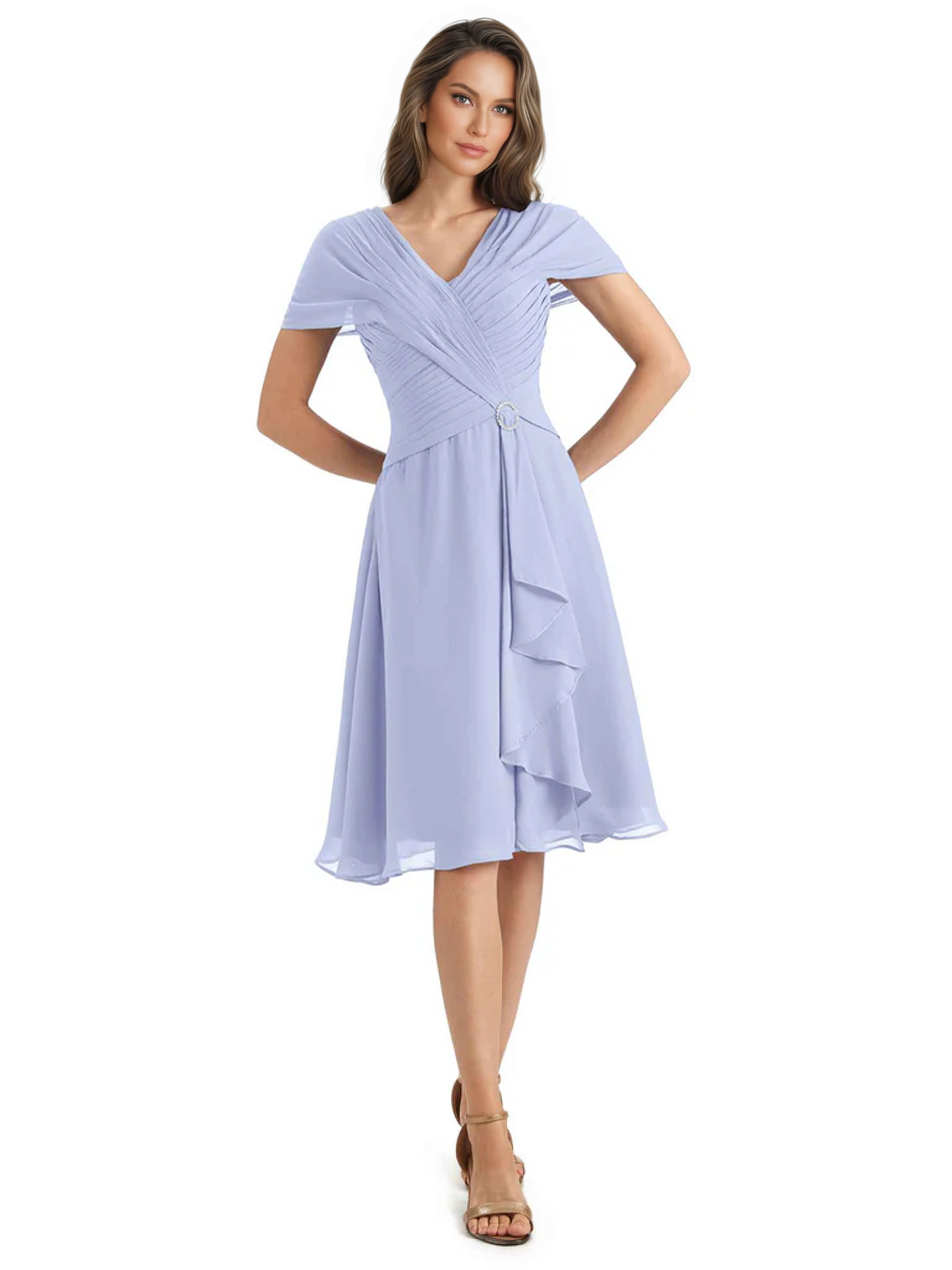 Mother of the Bride Dress Knee-Length V-Neck Chiffon Gown with Ruched Bodice