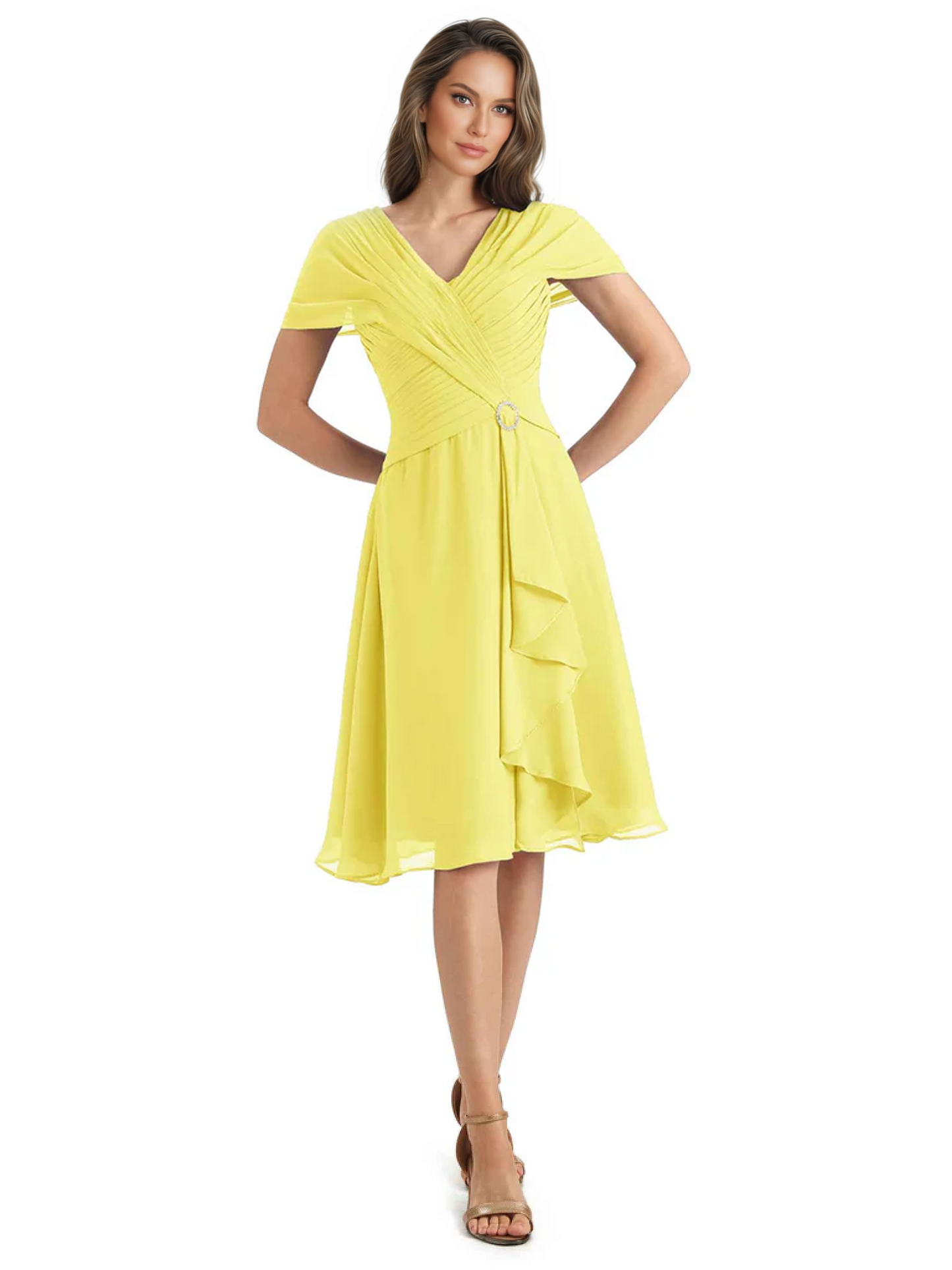 Mother of the Bride Dress Knee-Length V-Neck Chiffon Gown with Ruched Bodice