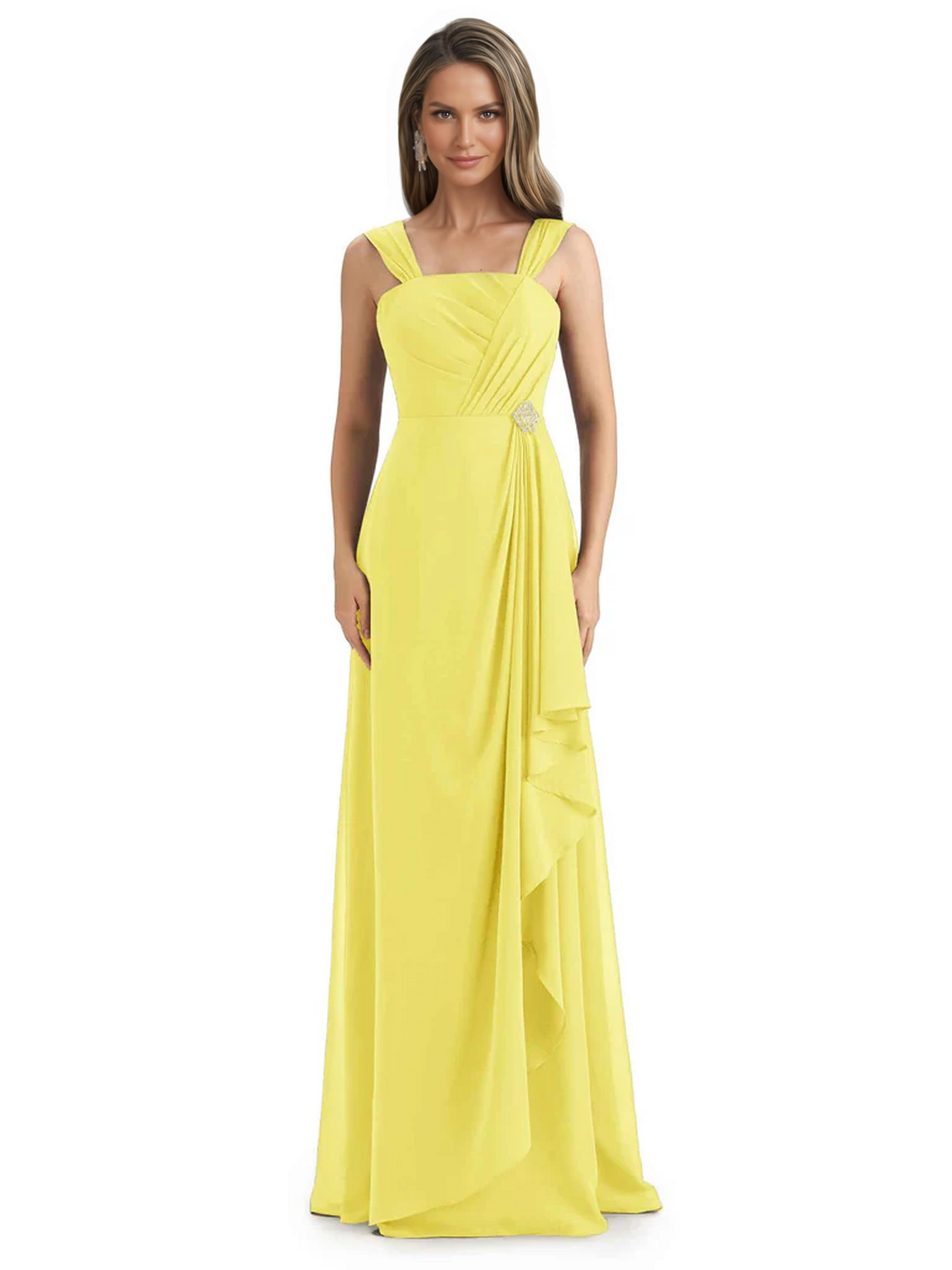 Square Neck Mother of the Bride Dress Floor-Length Chiffon Gown with Ruched Bodice