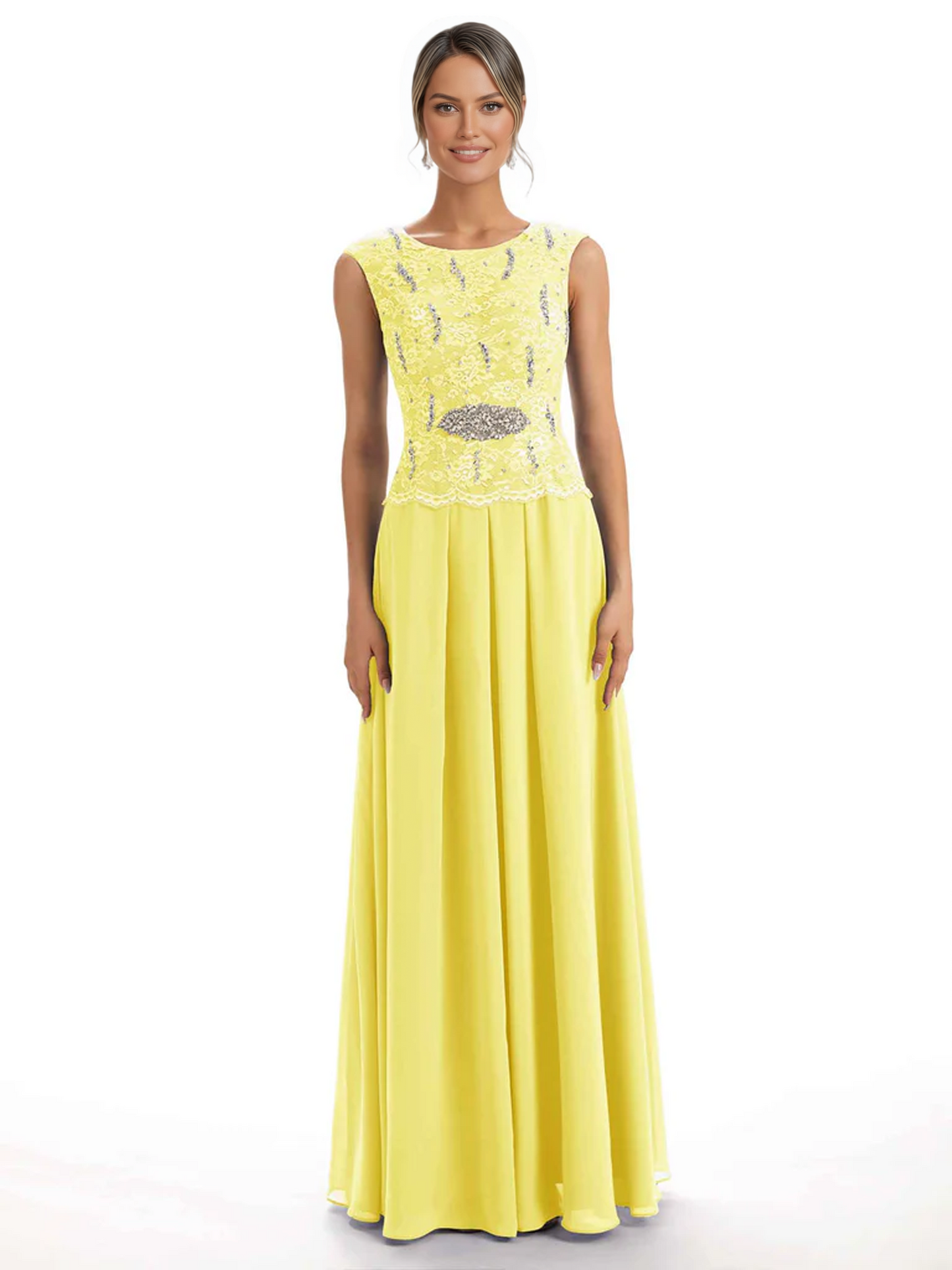 Mother of the Bride Dress Floor-Length Chiffon Gown with Embroidered Lace Bodice