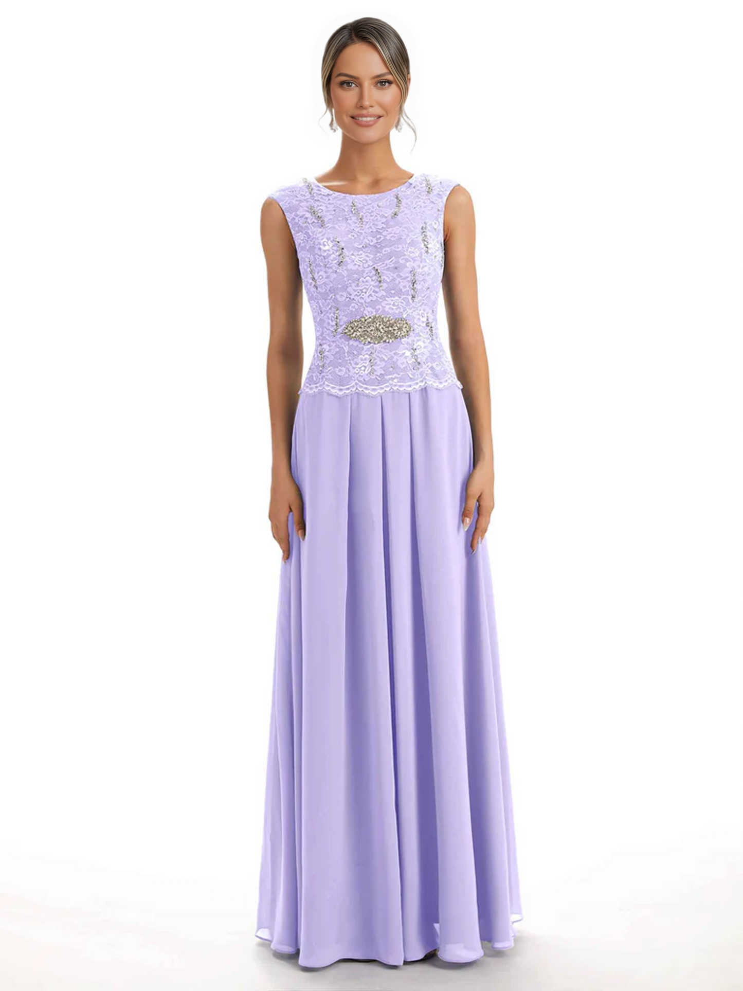 Mother of the Bride Dress Floor-Length Chiffon Gown with Embroidered Lace Bodice
