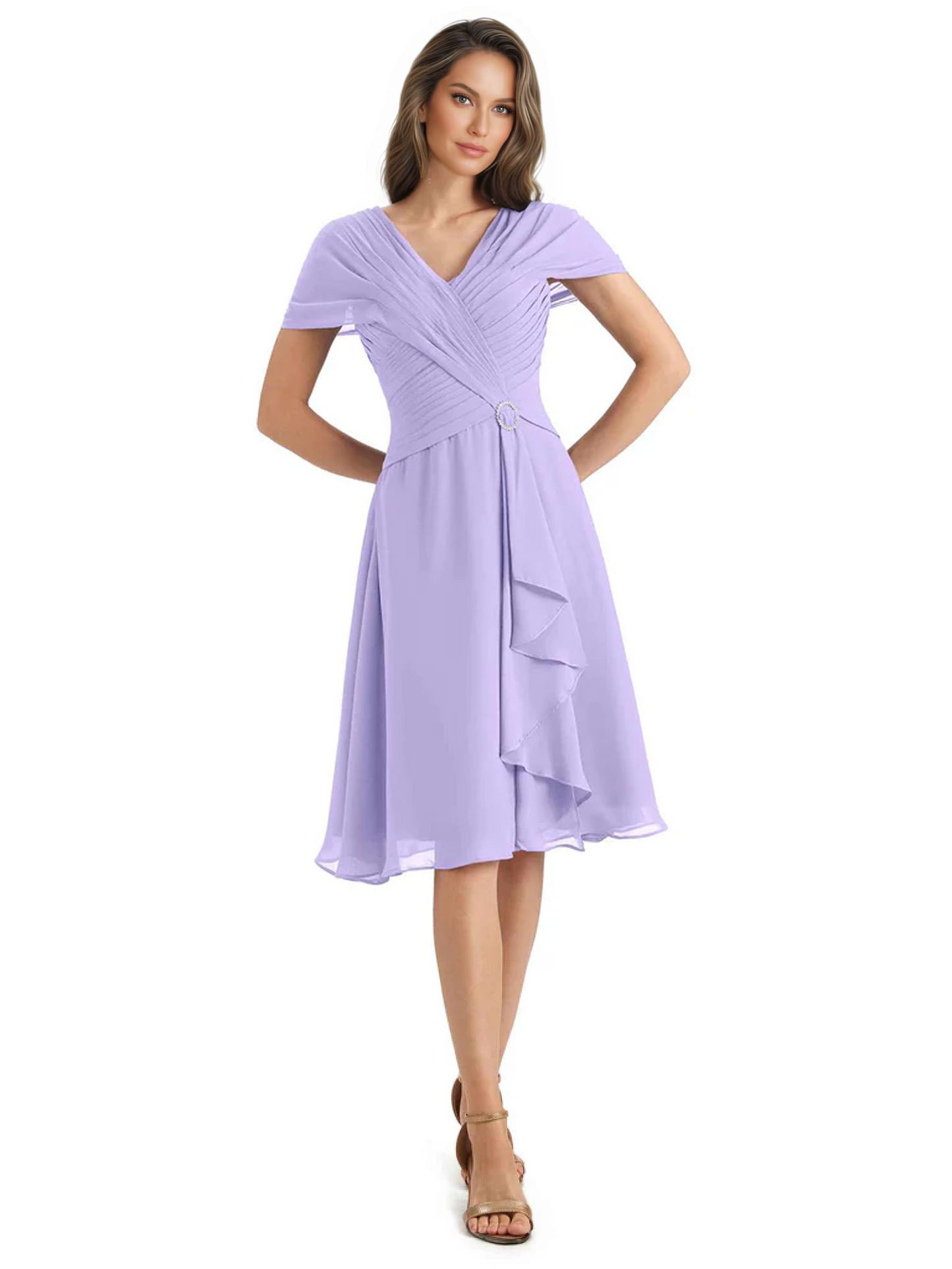 Mother of the Bride Dress Knee-Length V-Neck Chiffon Gown with Ruched Bodice