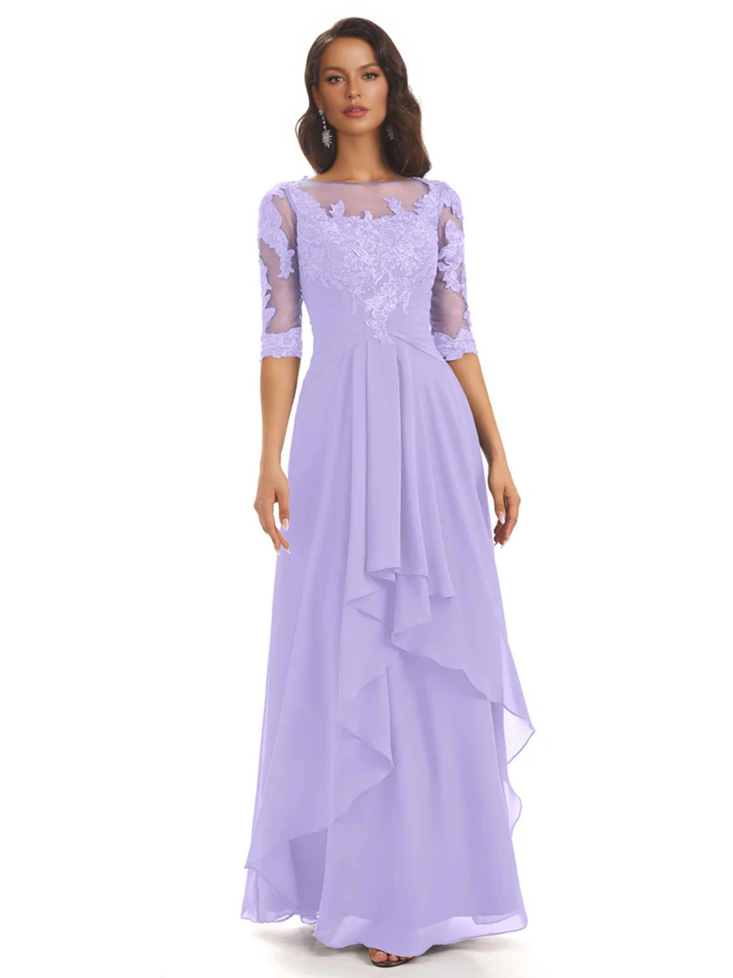 Elegant Lace A-line Chiffon Half Sleeves Mother of the Brides Dresses Floor Length