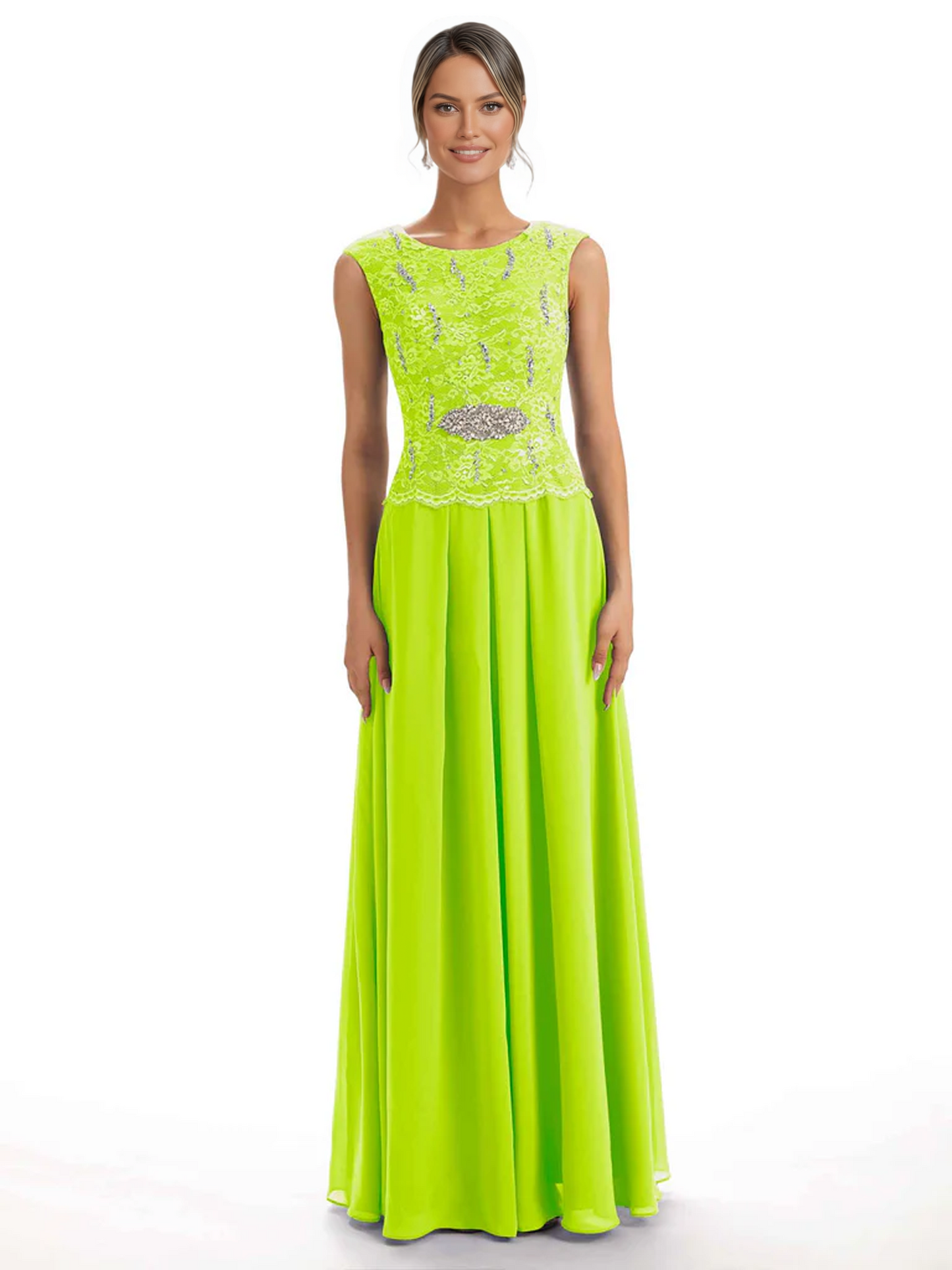 Mother of the Bride Dress Floor-Length Chiffon Gown with Embroidered Lace Bodice
