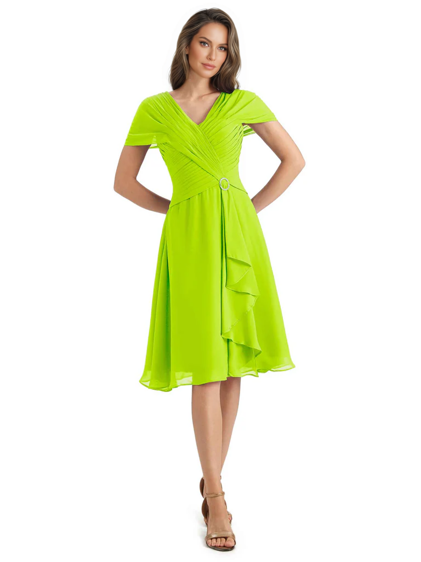 Mother of the Bride Dress Knee-Length V-Neck Chiffon Gown with Ruched Bodice