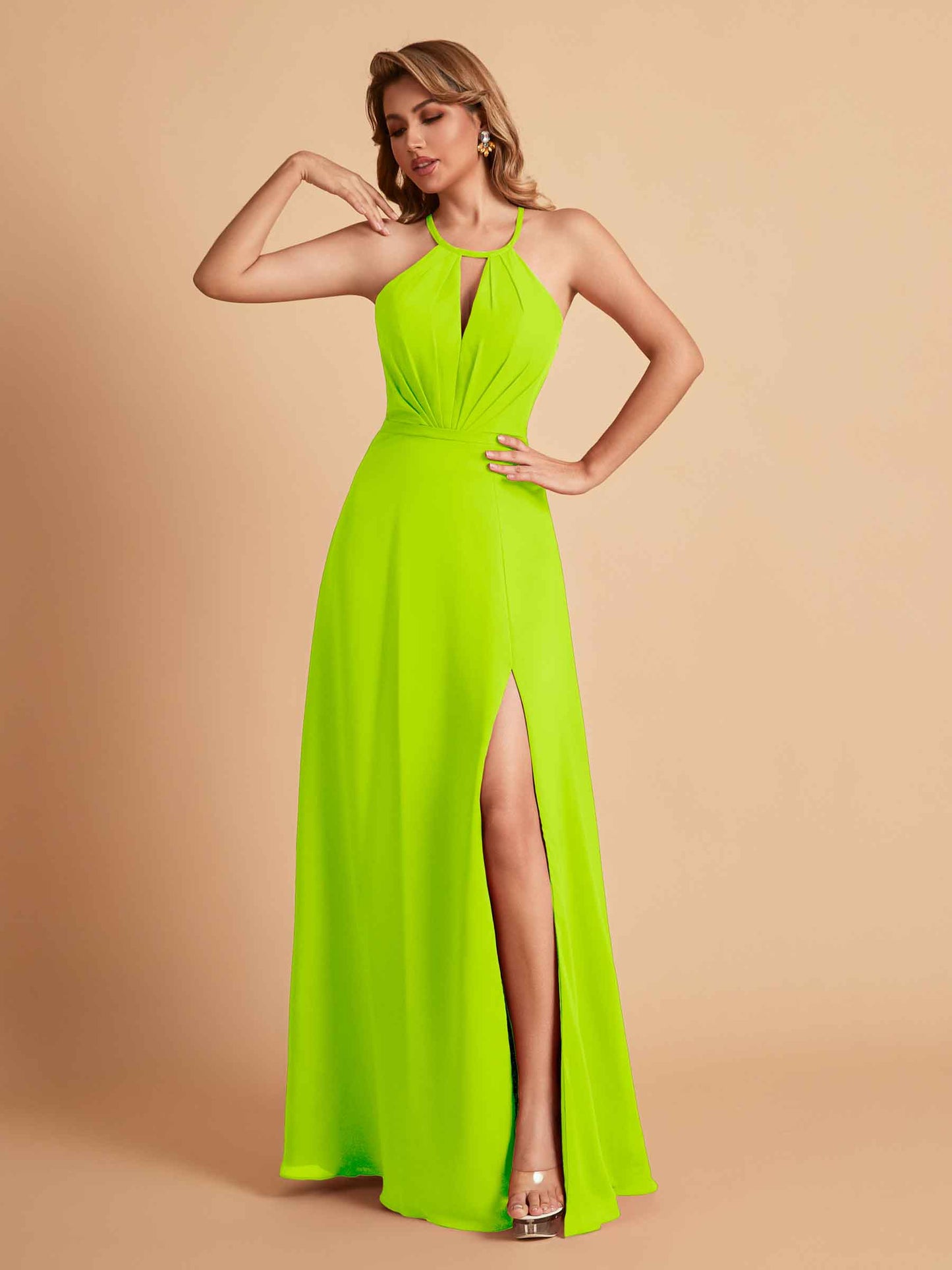 Stylish A-line Chiffon Halter Key-hole Open Back Floor Length Bridesmaid Dresses