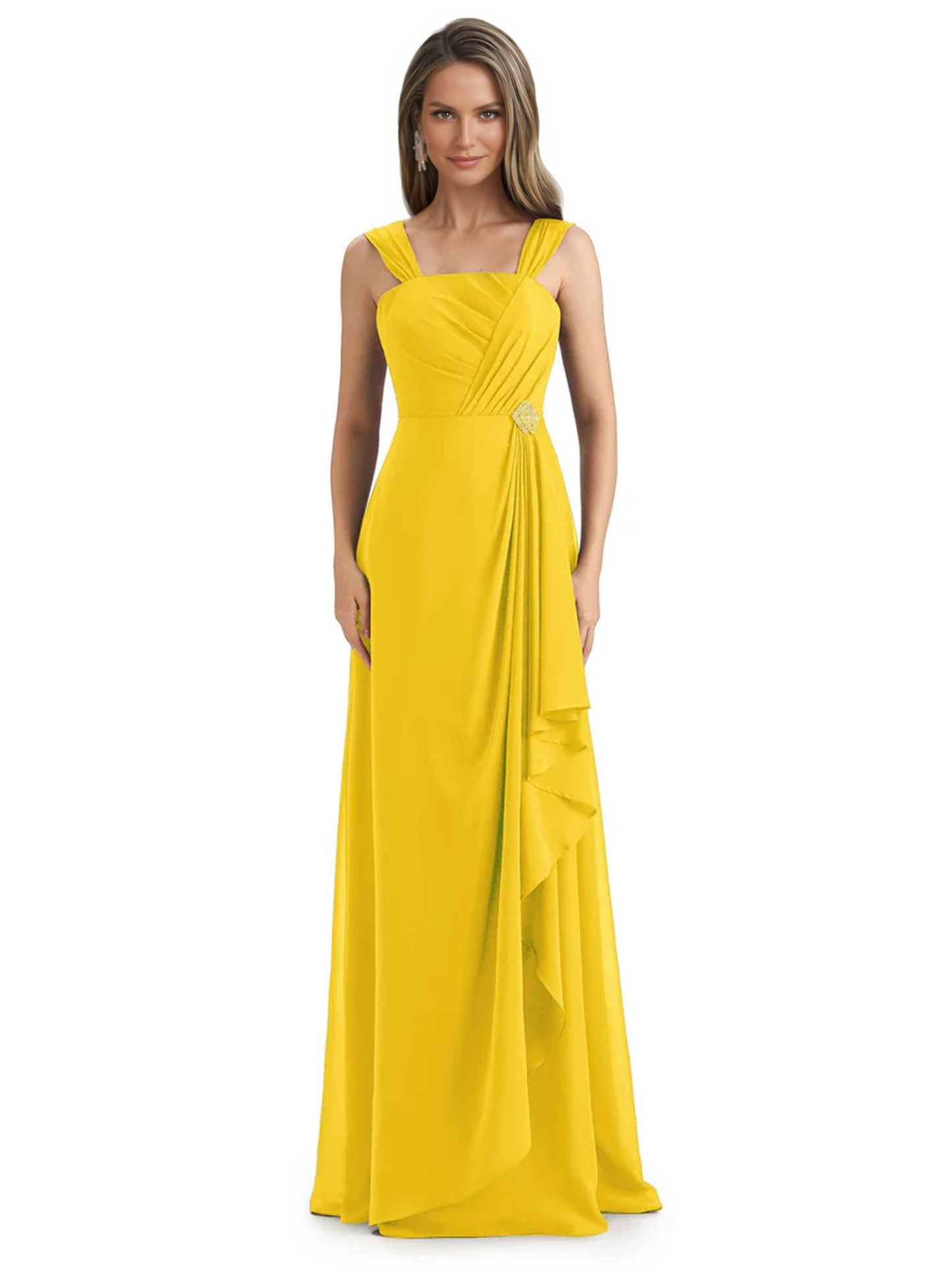 Square Neck Mother of the Bride Dress Floor-Length Chiffon Gown with Ruched Bodice